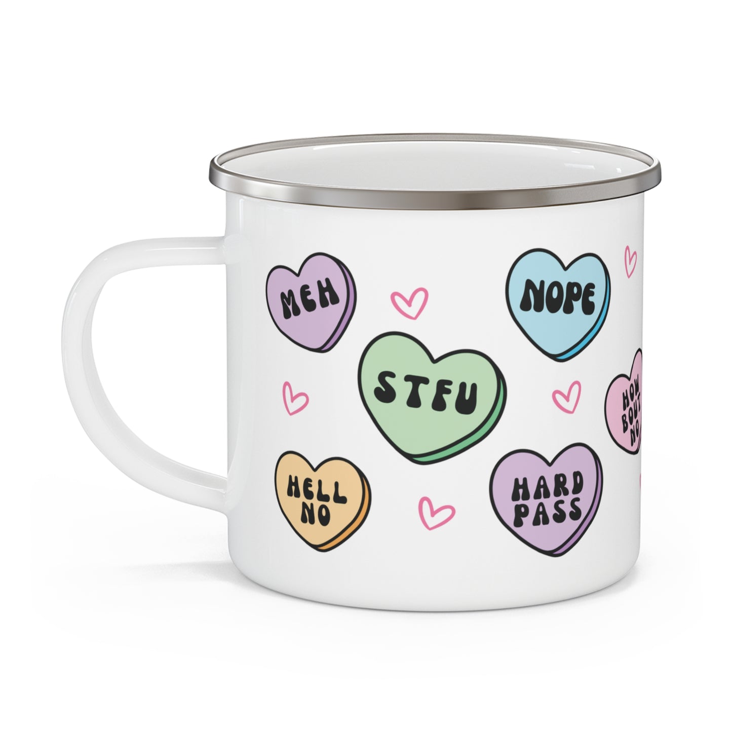 White mug with colorful heart-shaped words on a white background, anti valentines day hearts