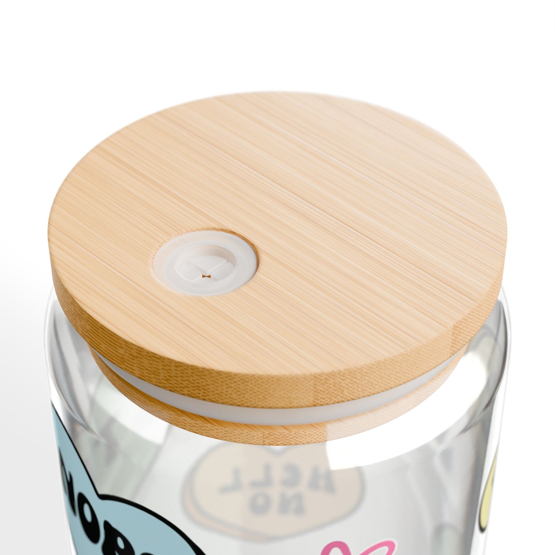 Clear glass container with a wooden lid on a white background