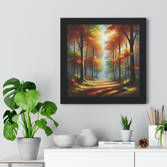 Framed painting of a forest scene on a wall
