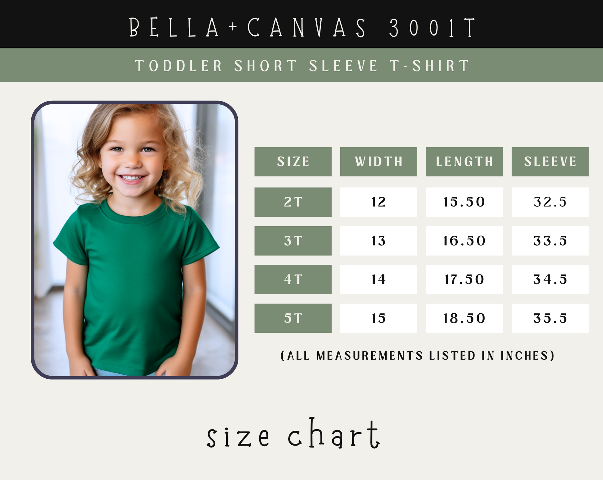 Size chart for Bella+Canvas 3001T toddler short sleeve t-shirt with a child wearing a green shirt.