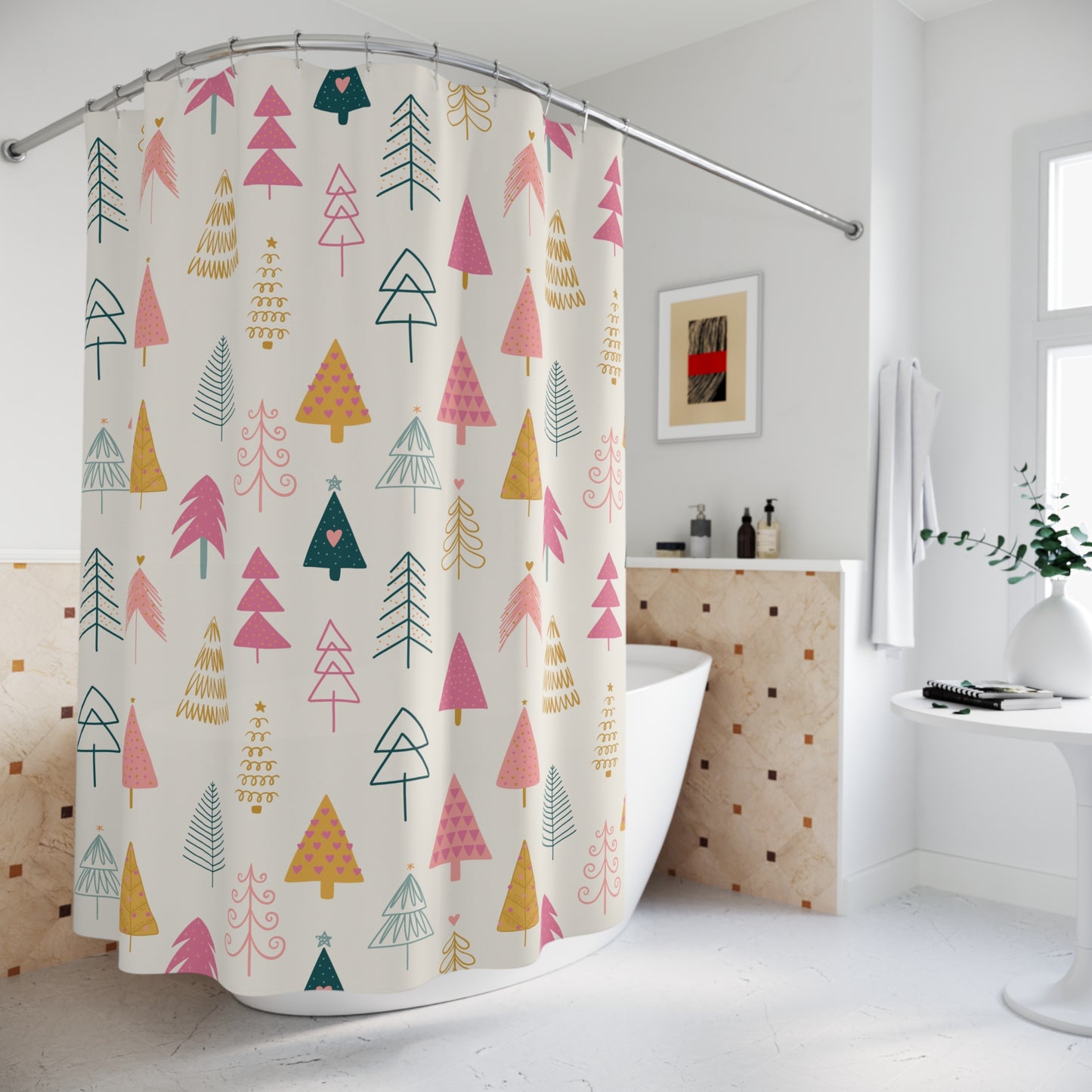 Shower curtain with colorful tree pattern in a bathroom setting