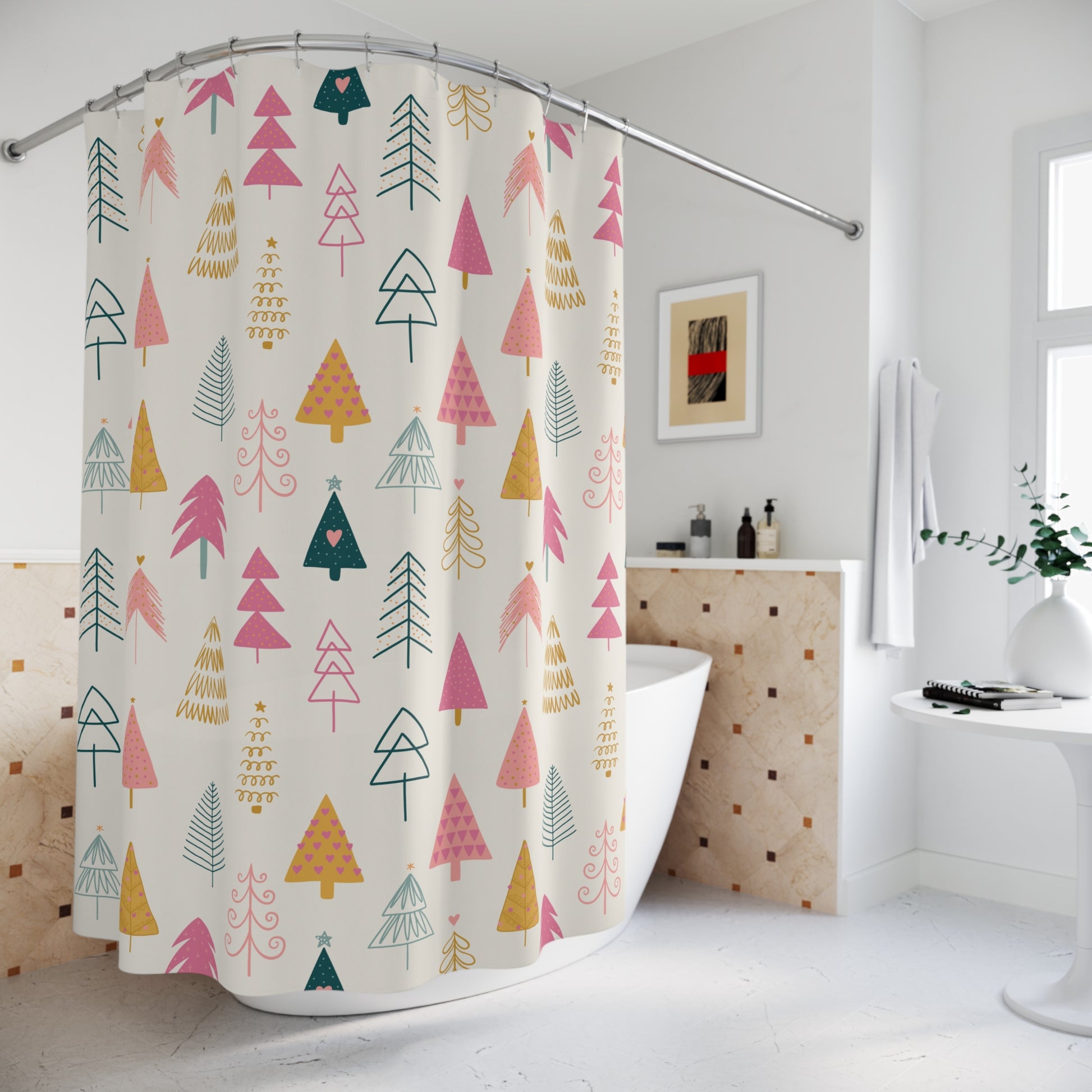 Shower curtain with colorful tree pattern in a bathroom setting