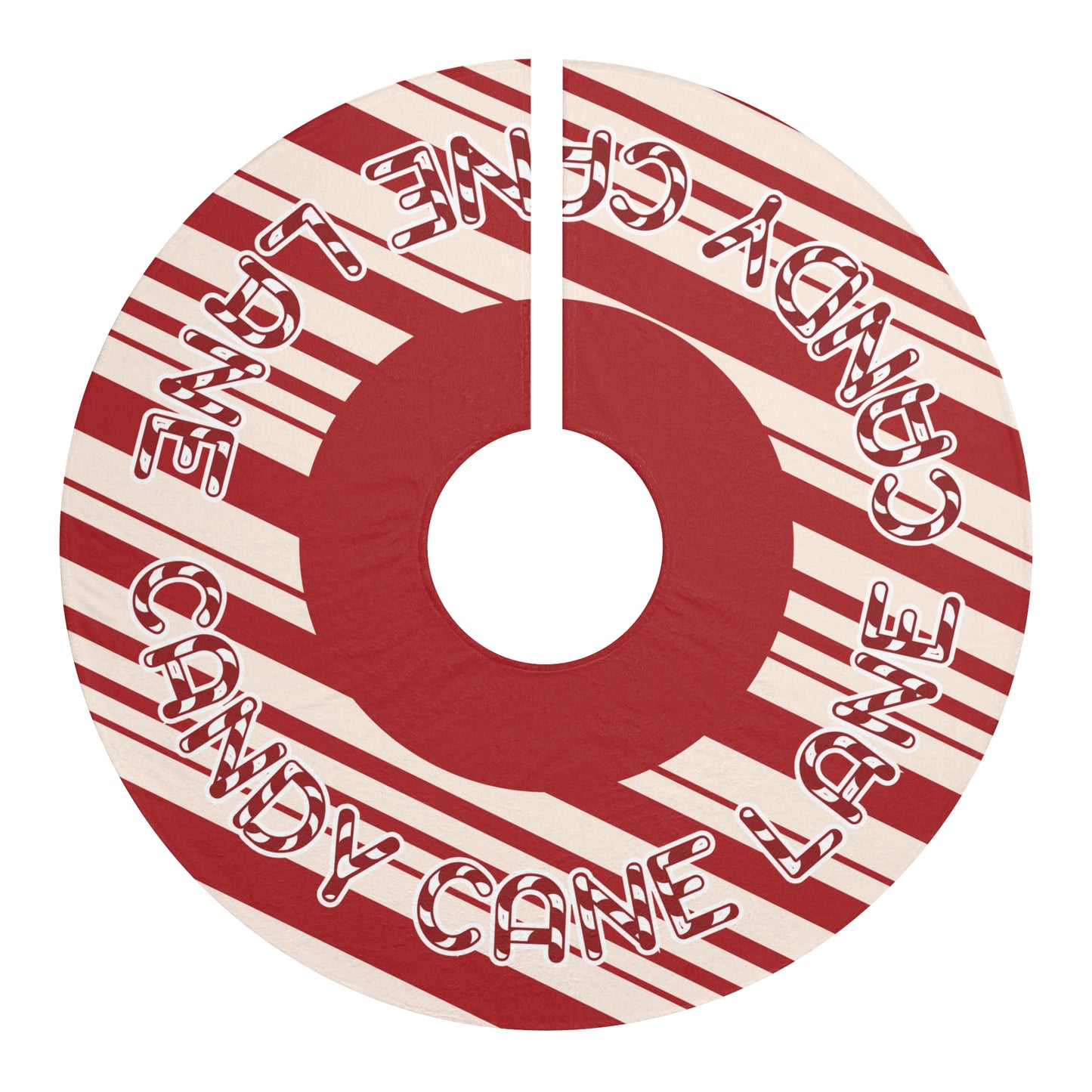 Circular candy cane design with red and white colors on a white background, candy cane lane tree skirt