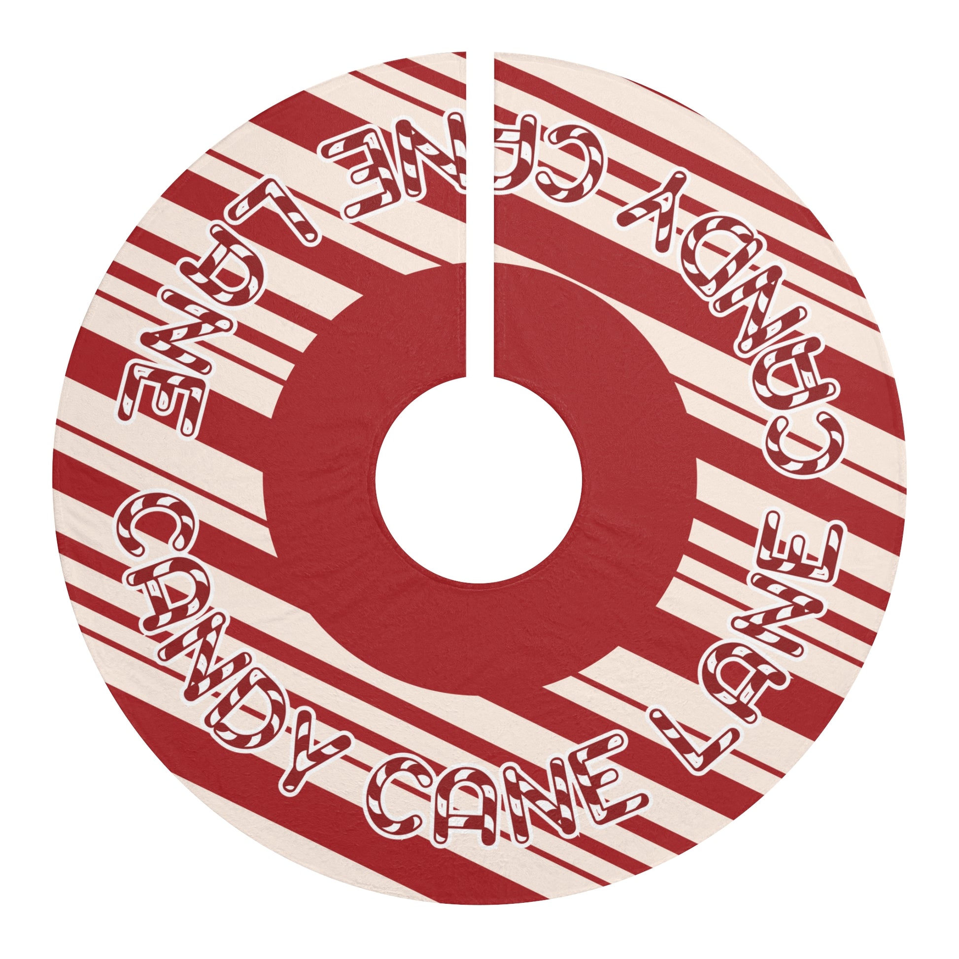 Circular candy cane design with red and white colors on a white background, candy cane lane tree skirt