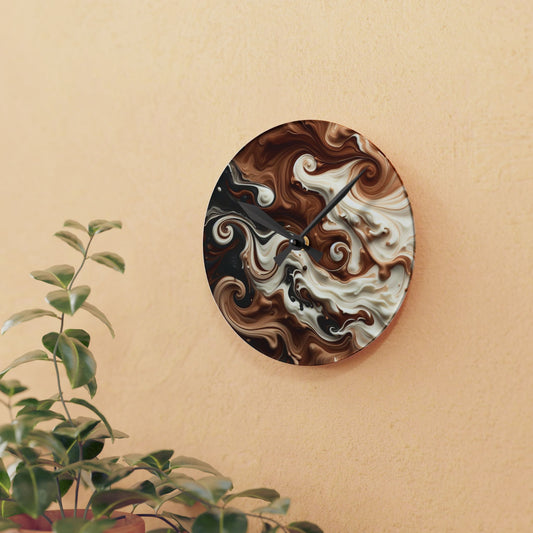 Decorative acrylic wall clock with swirling coffee design on a beige wall next to a plant