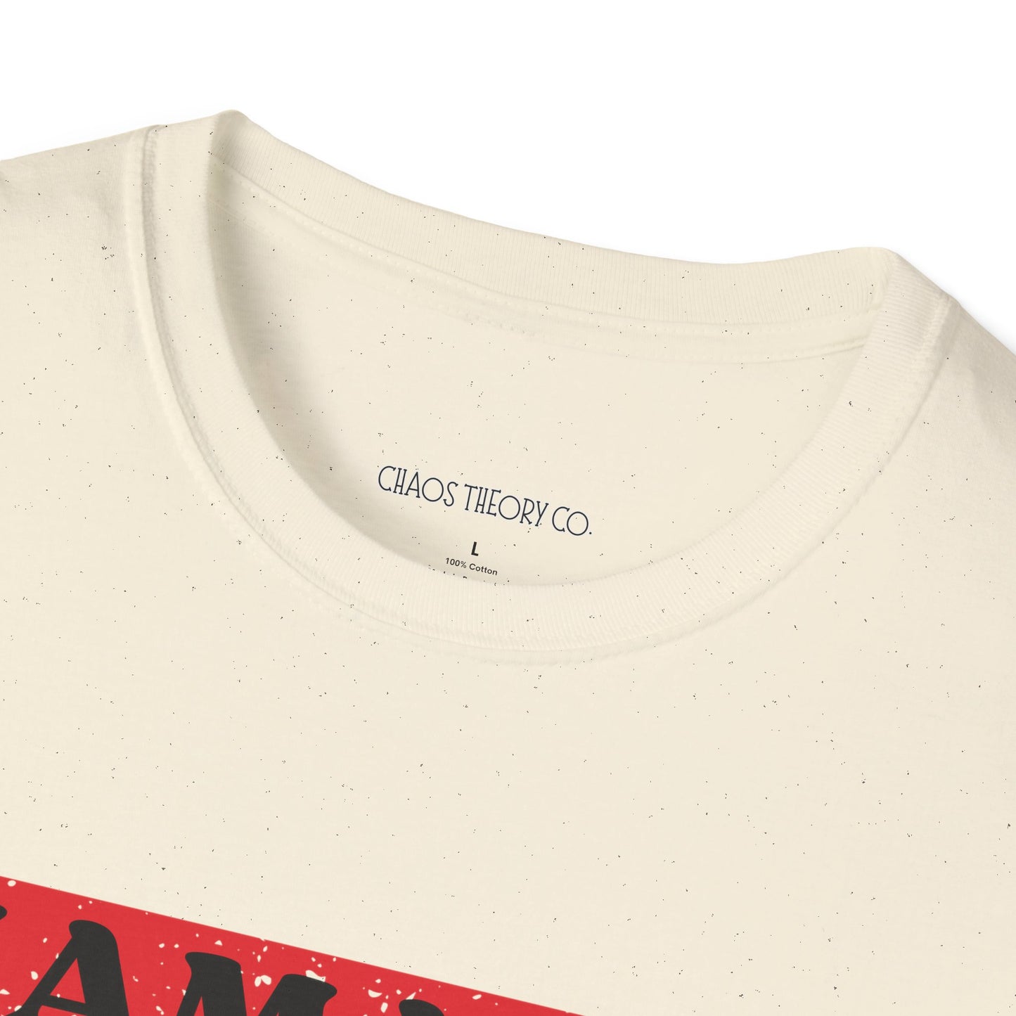 Close-up of a beige t-shirt with 'Chaos Theory Co.' branding on the collar.