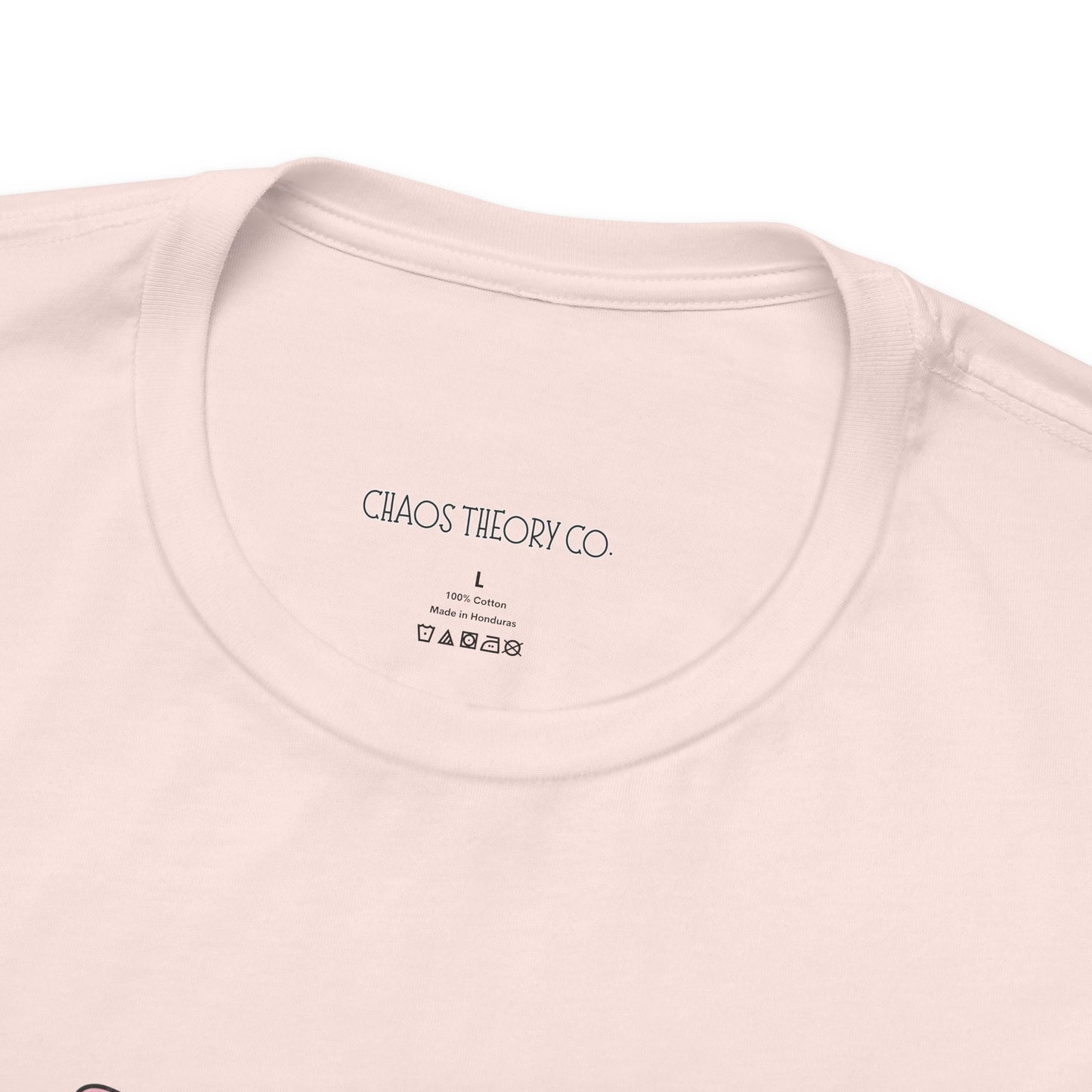 Close-up of a light pink t-shirt with 'Chaos Theory Co.' branding on the collar.