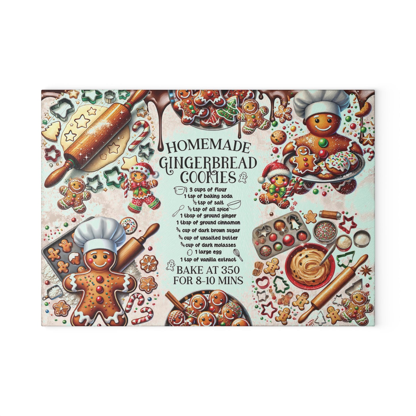 Decorative gingerbread-themed kitchen cutting board with recipe and illustrations.