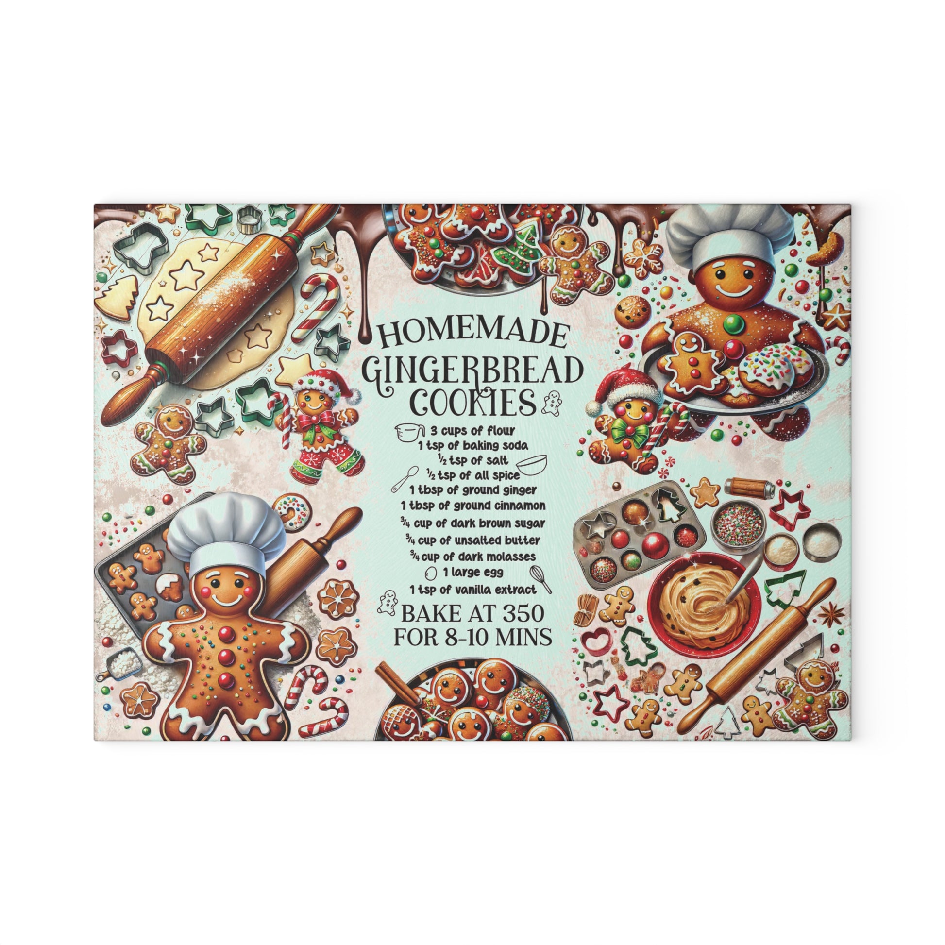 Decorative gingerbread-themed kitchen cutting board with recipe and illustrations.