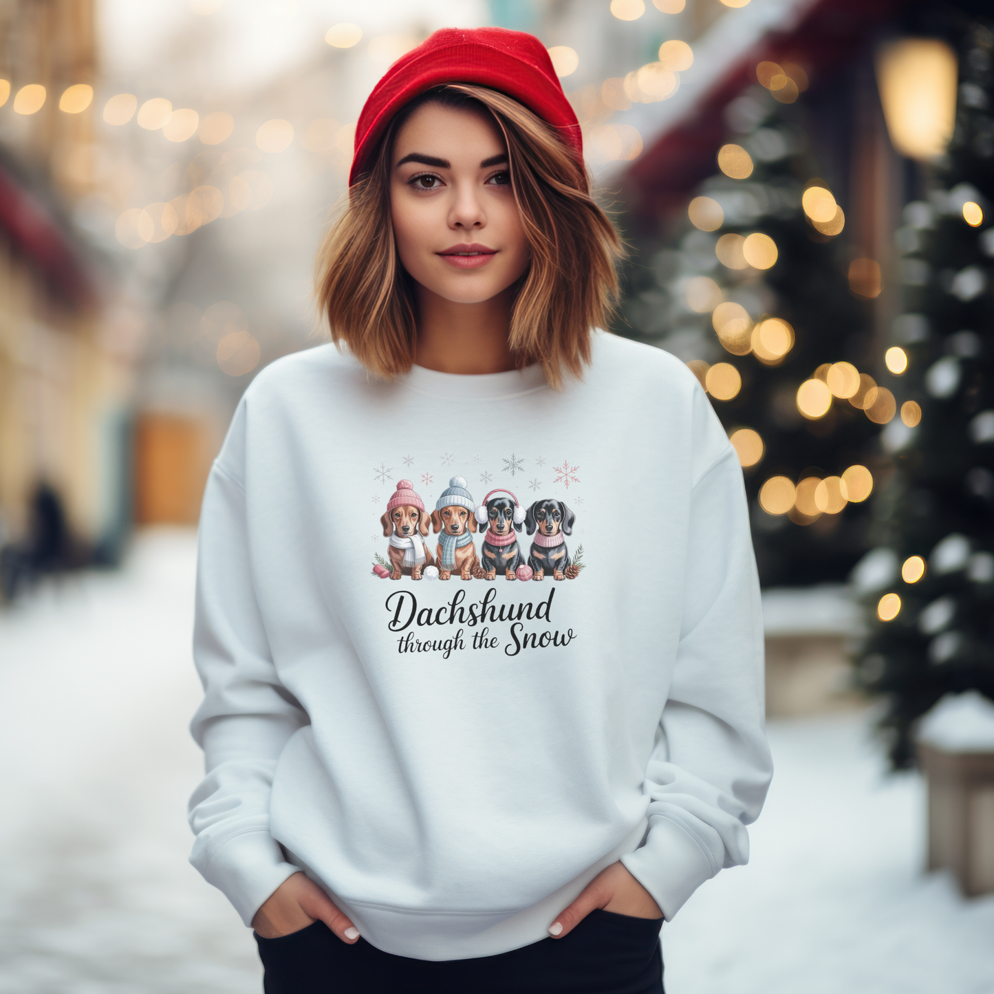 Woman wearing a white sweatshirt with 'Dachshund through the Snow' design in a snowy outdoor setting.