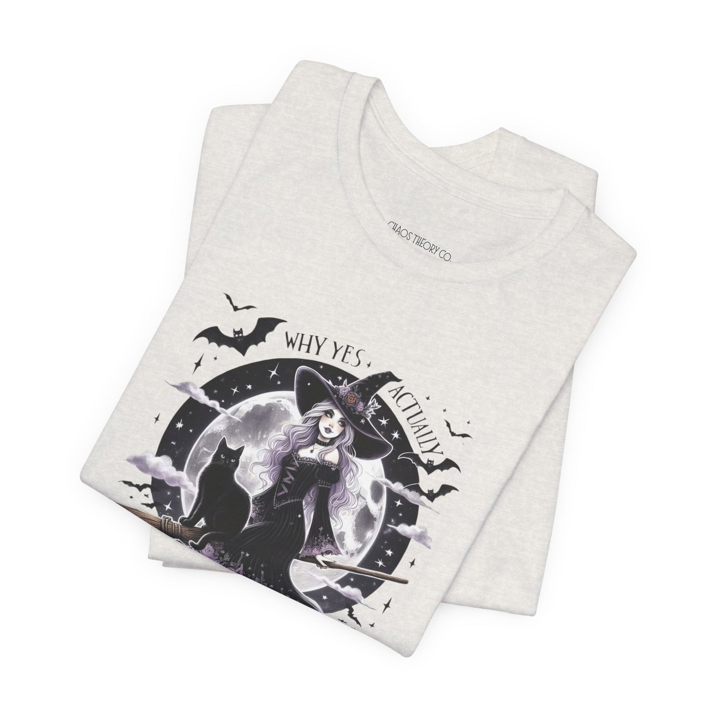 heather cement t-shirt with witch graphic and text on a white background,  why yes actually, i can drive a stick, halloween tee