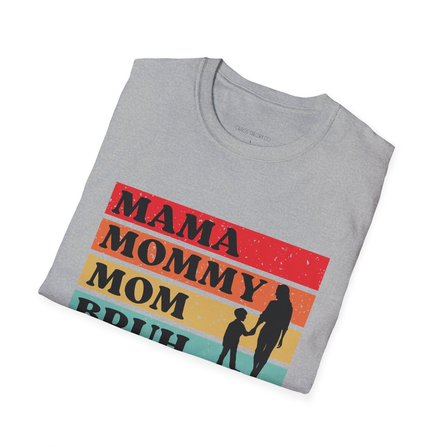 Folded gray t-shirt with colorful graphic and text on a white background