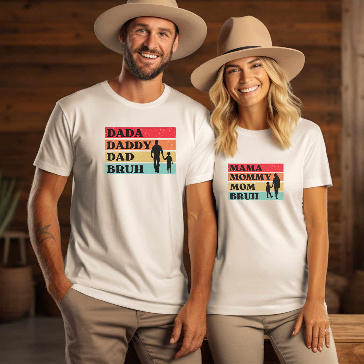 Man and woman wearing matching t-shirts with retro-style text and graphics. evolution of parenting. 