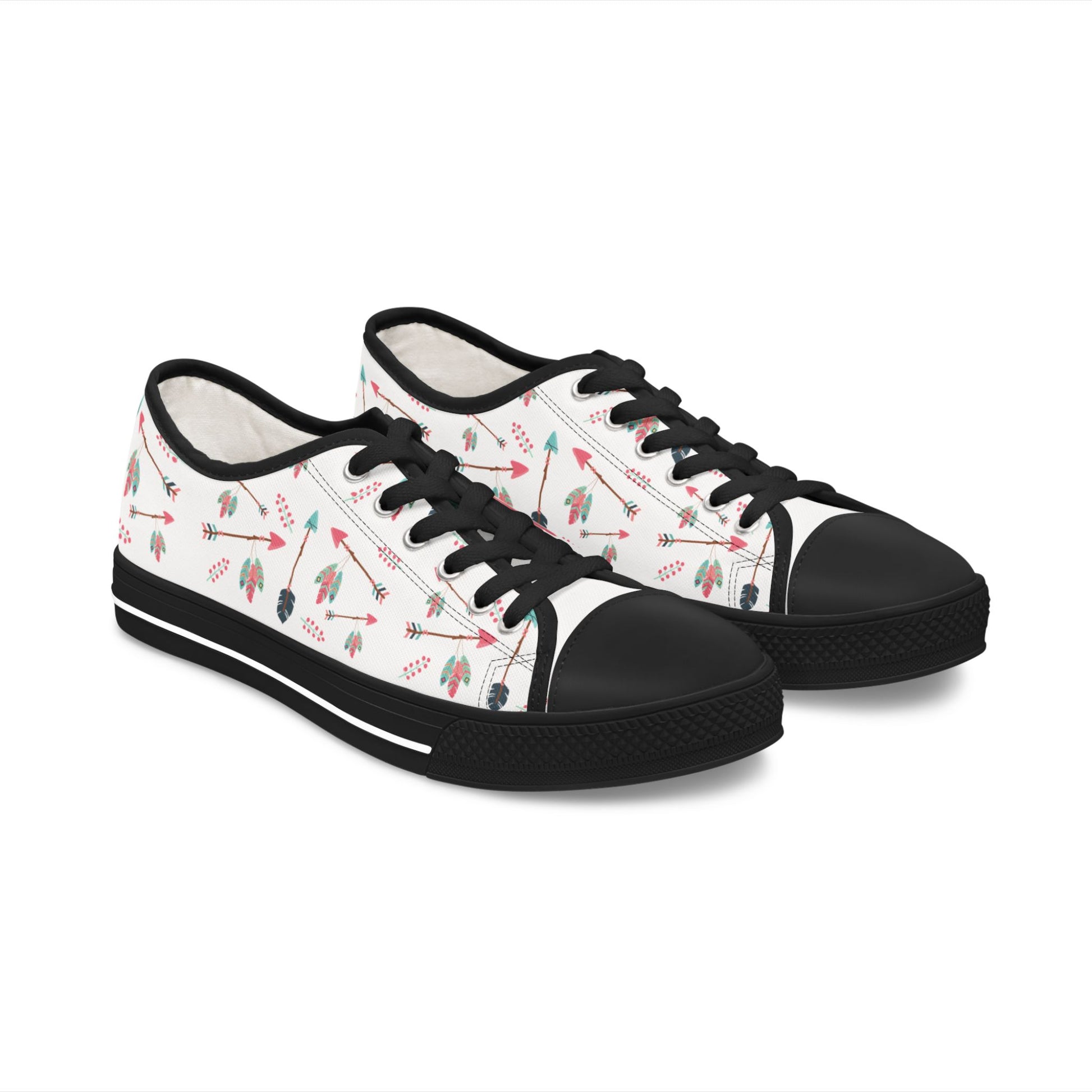 Black and white sneakers with arrow pattern on a white background