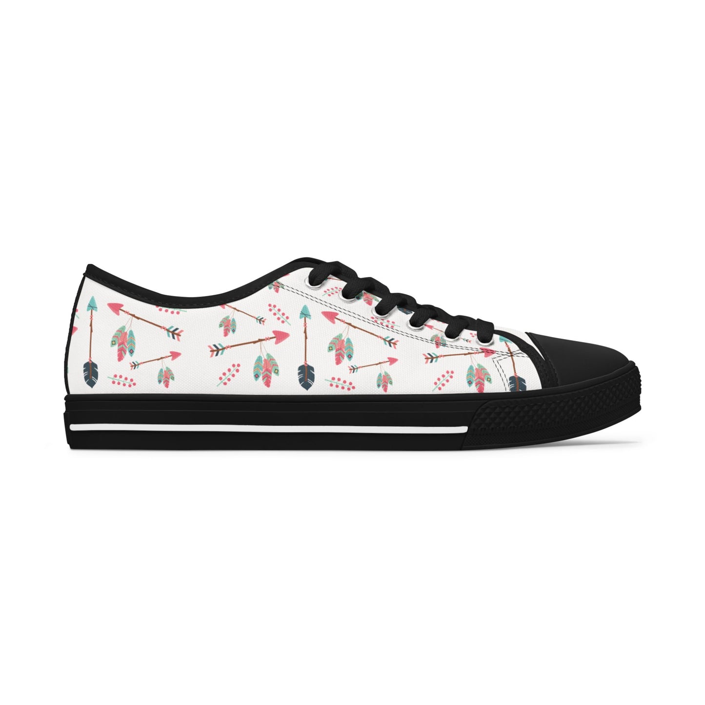 White sneaker with black sole and colorful pattern on a white background