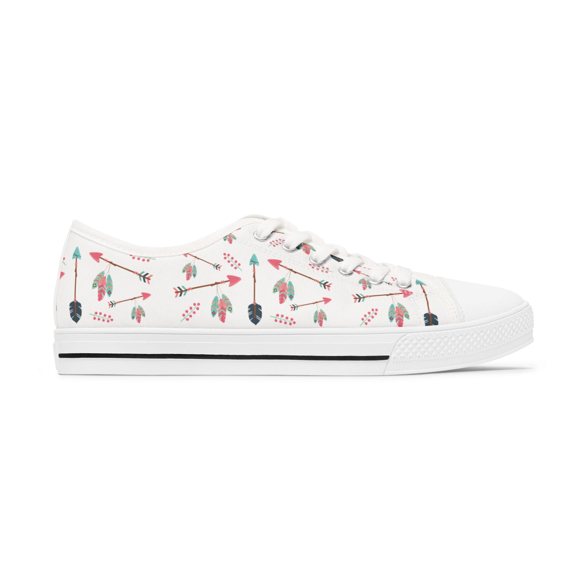 White sneaker with white soles with arrow pattern on a white background