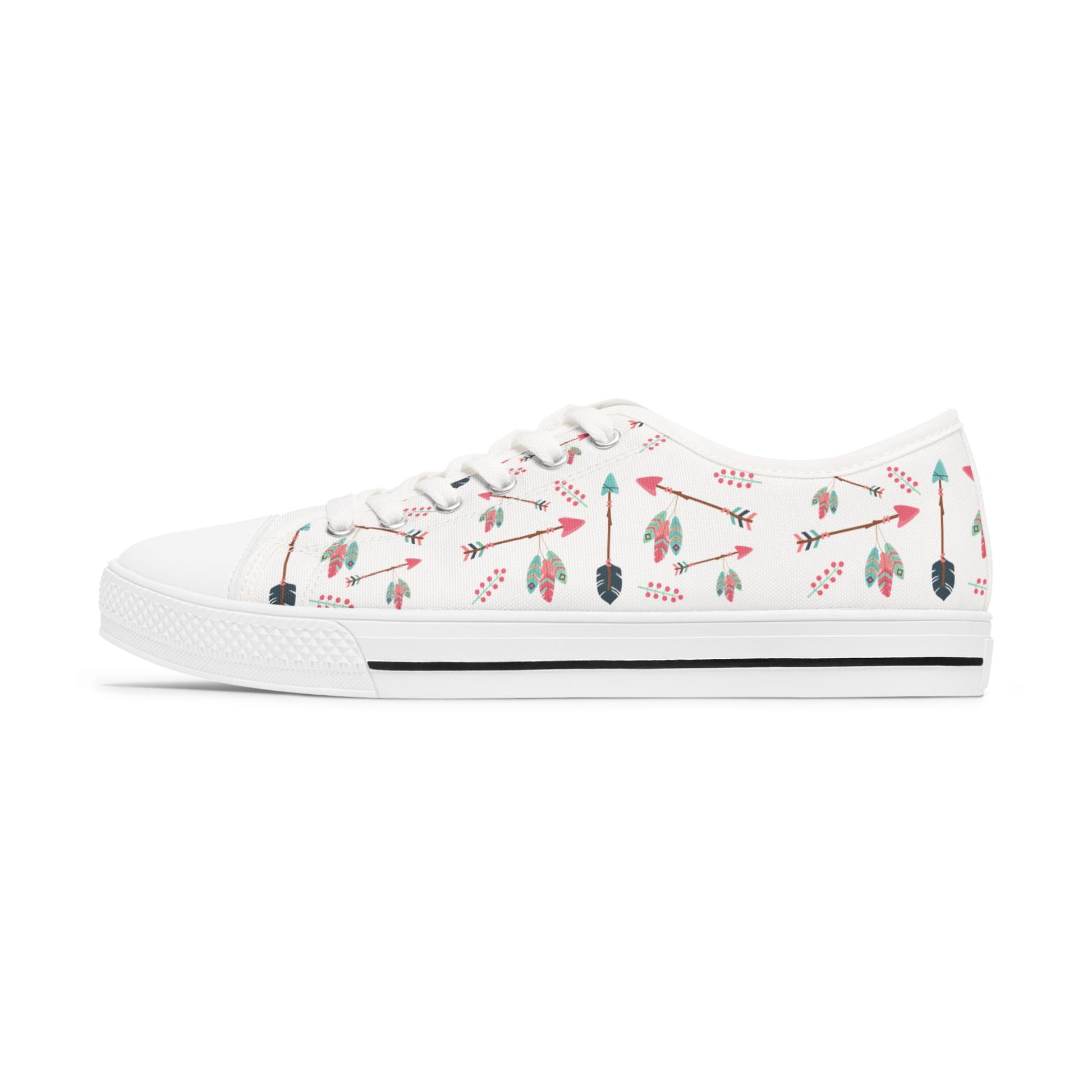 White sneaker with white sole with decorative patterns on a white background