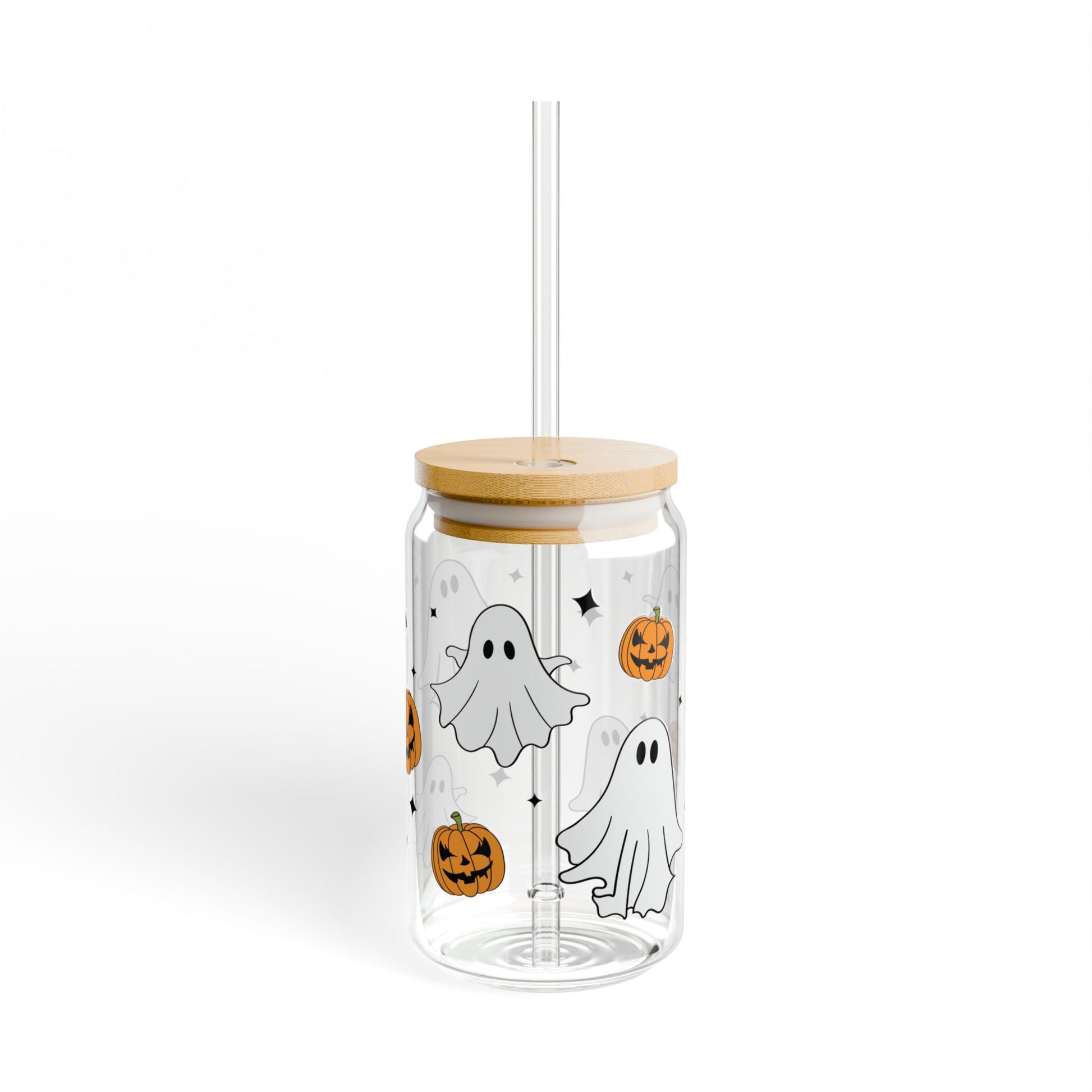 Clear tumbler with Halloween-themed design featuring ghosts and pumpkins, wooden lid, and straw on a white background.