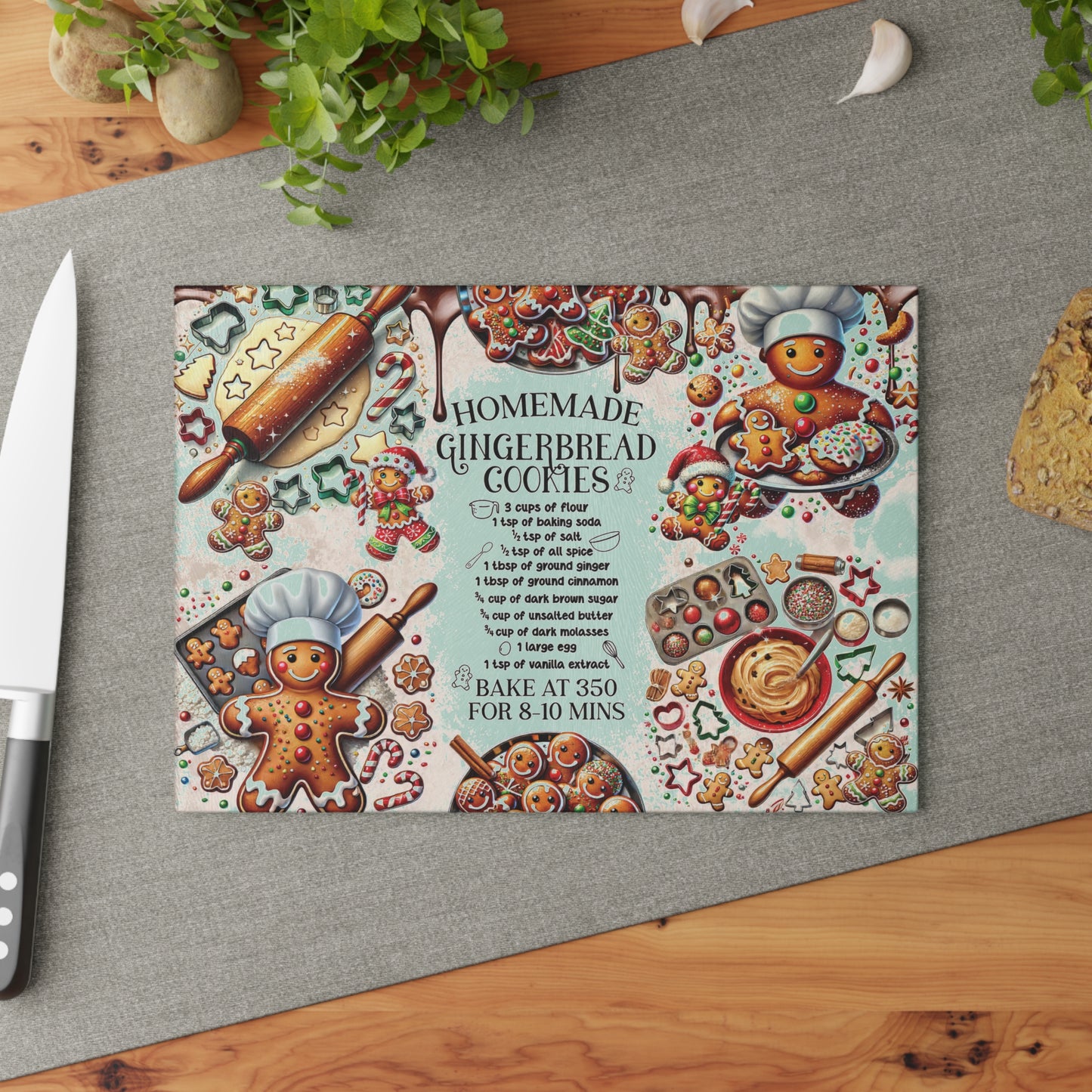 Colorful gingerbread cookies recipe cutting board on a gray surface