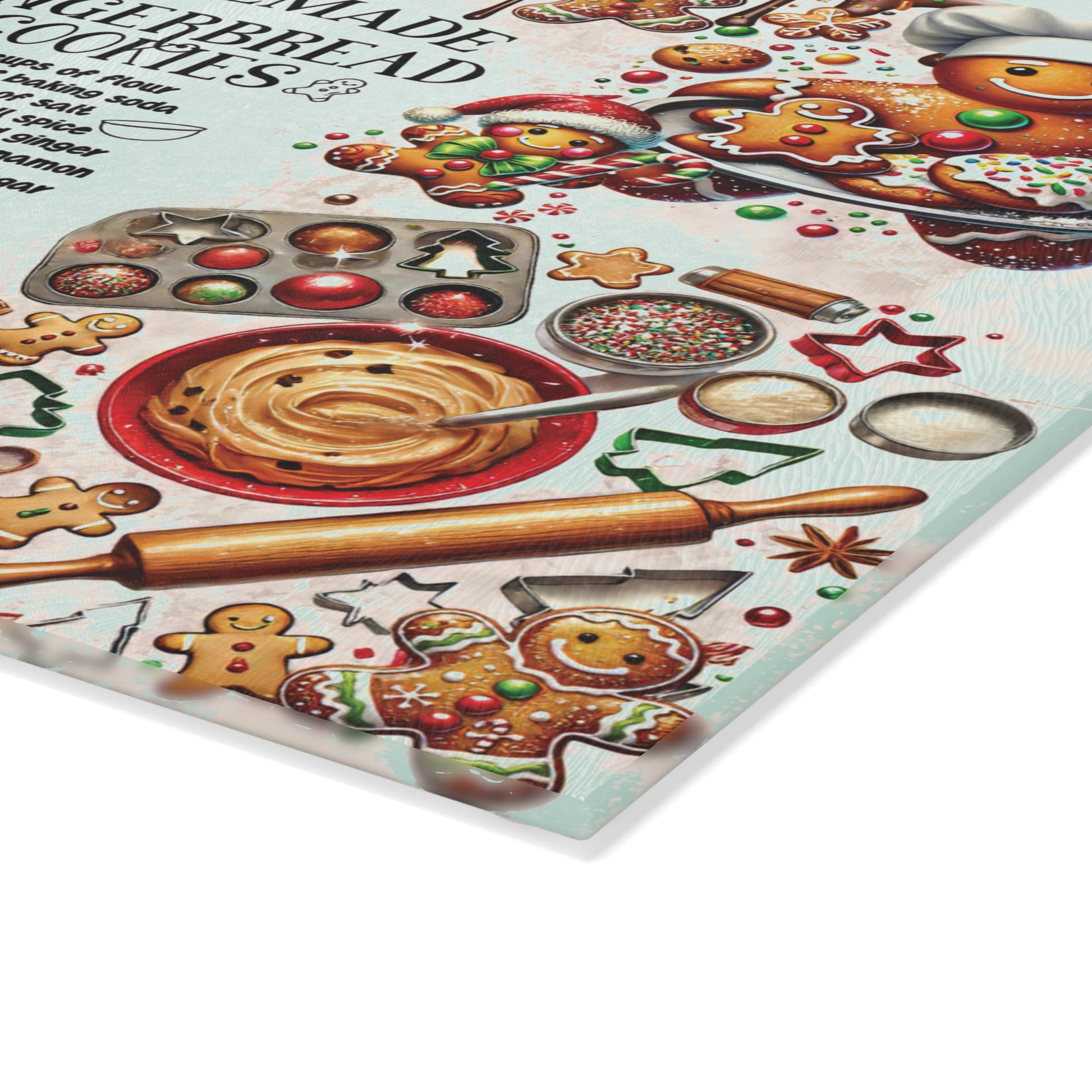 cutting board with gingerbread-themed illustrations and baking elements. 