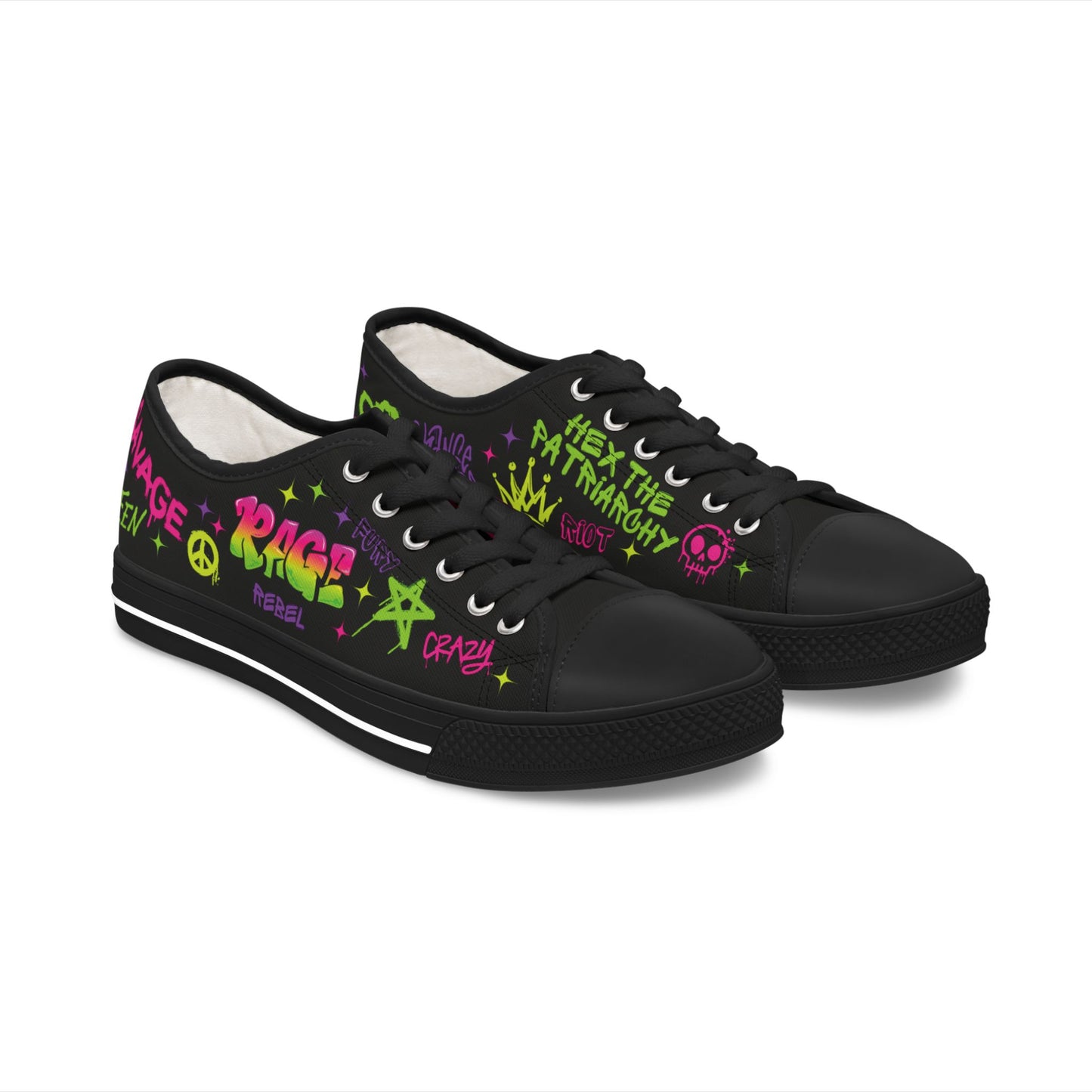 Black sneakers with colorful text and graphics on a white background, rage against the patriarchy