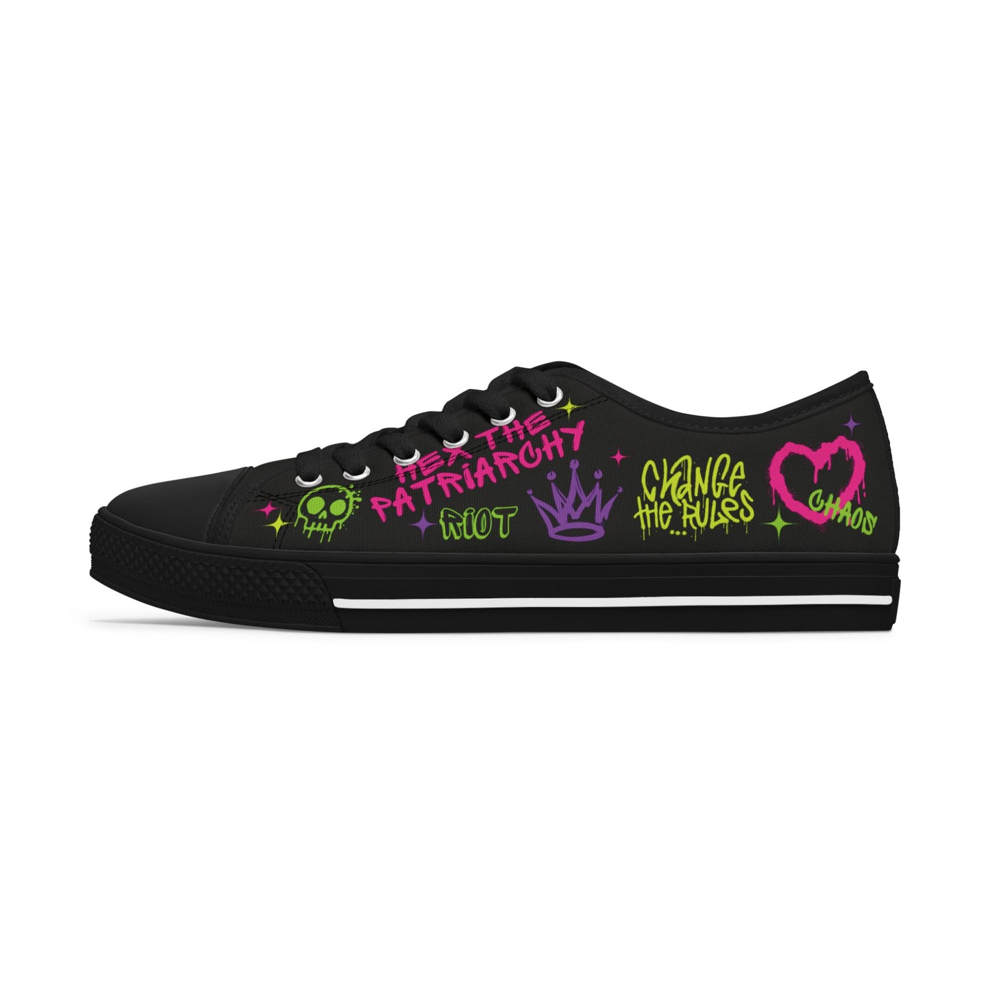 Black sneaker with colorful graffiti text and graphics on a white background. rage against the patriarchy