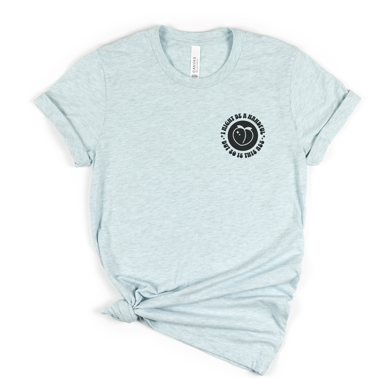 Light blue t-shirt with a black circular design on a white background, I might be a handful but so is this ass