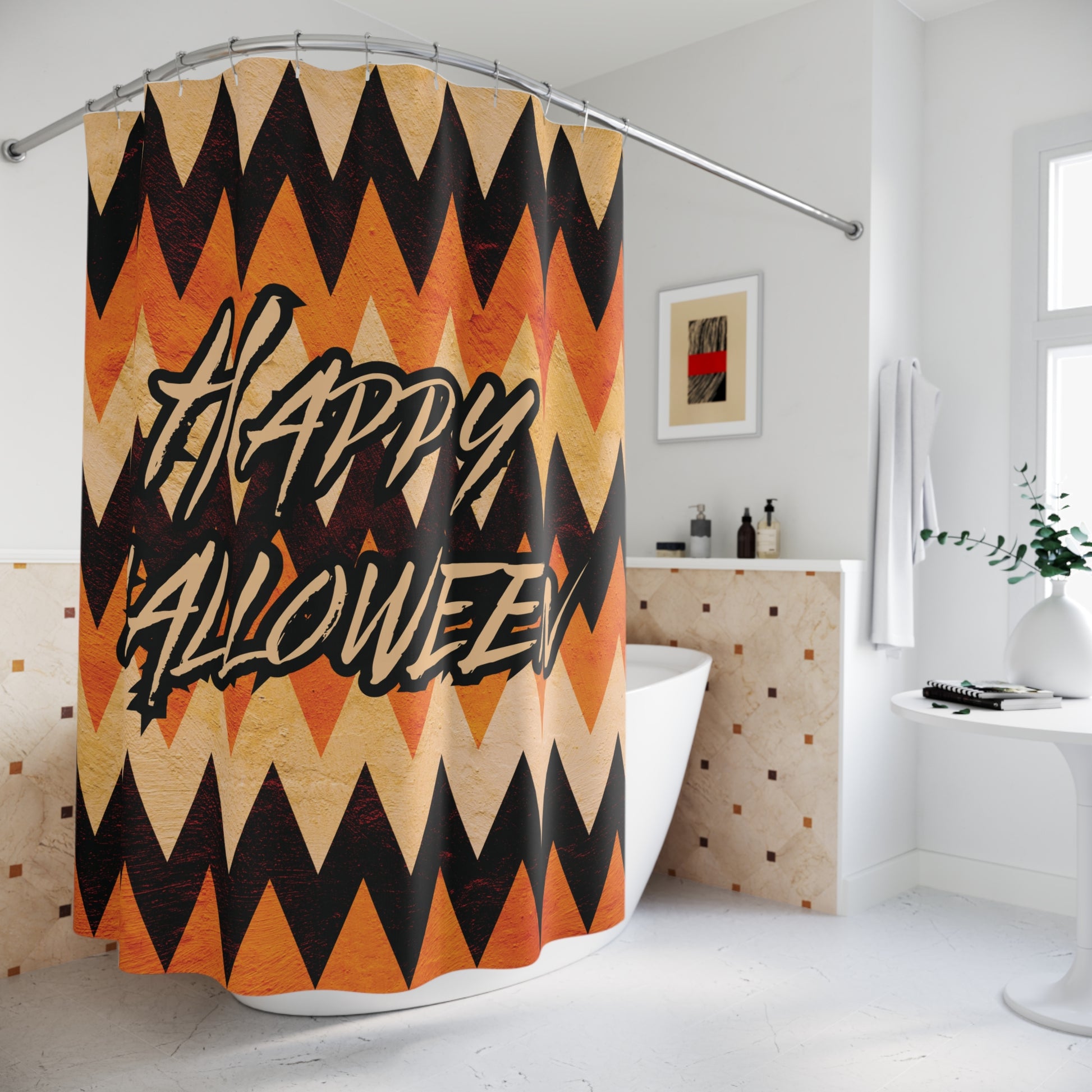 Shower curtain with Halloween design in a bathroom, happy halloween chevron design