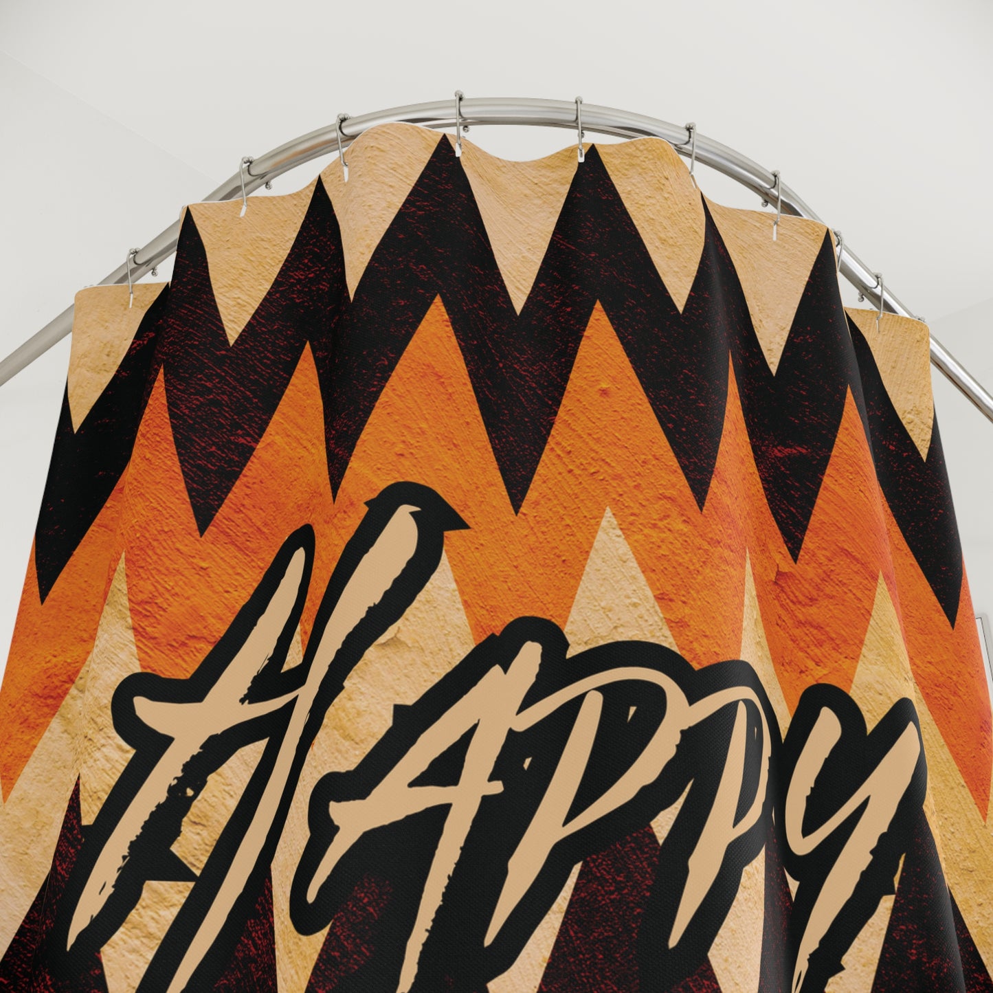 Fabric with zigzag pattern and 'Happy' text on a white background
