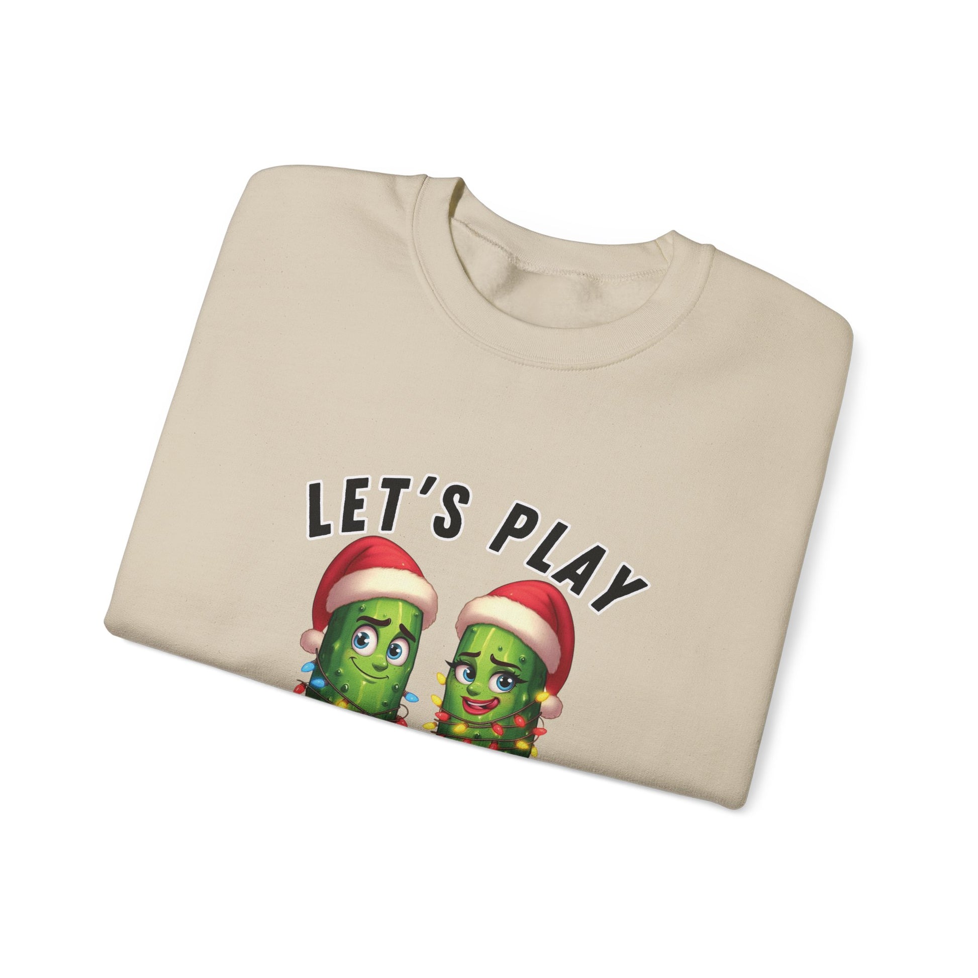 Beige sweatshirt with pickle characters and 'Let's Play' text on a white background