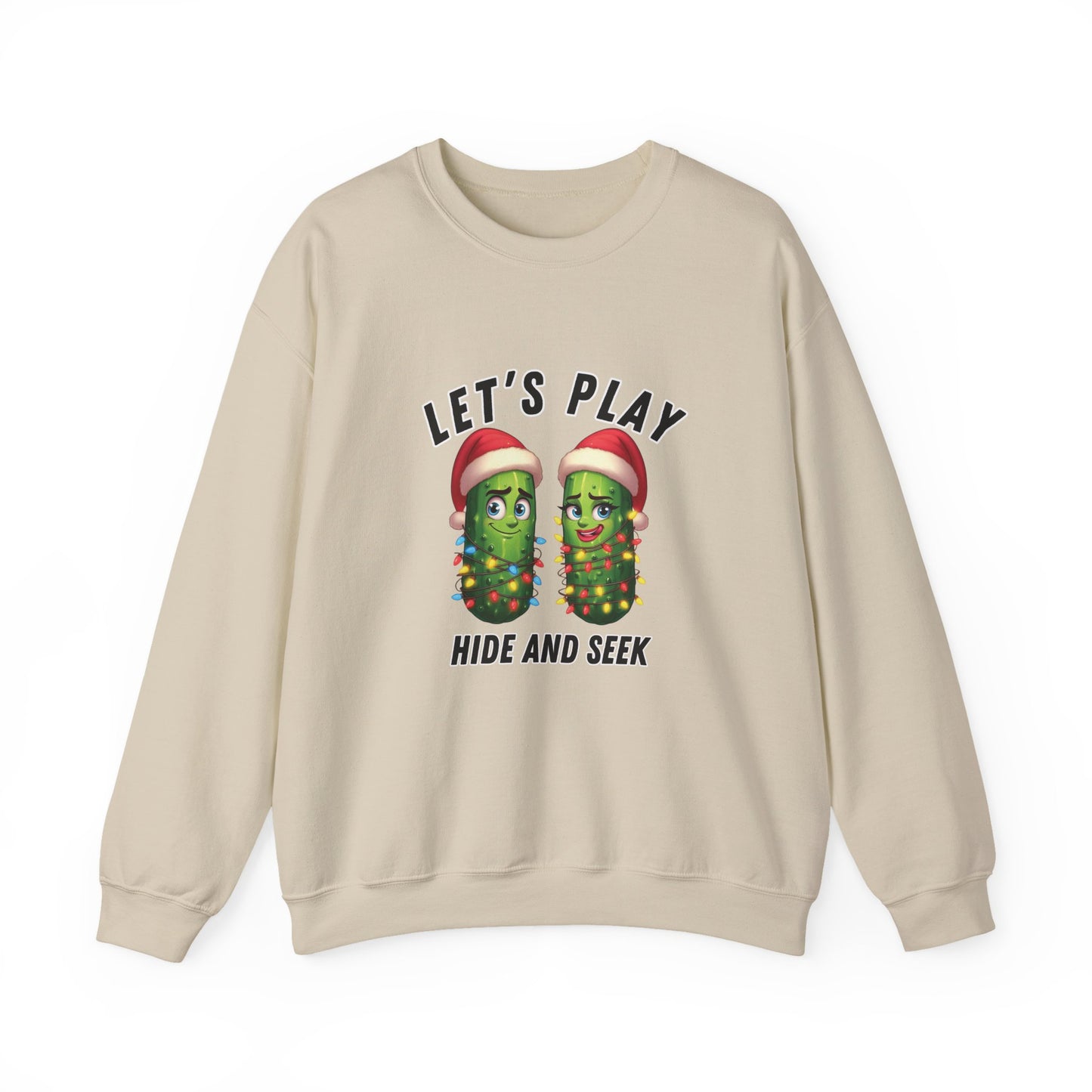 Beige sweatshirt with pickle design and text 'Let's Play Hide and Seek' on a white background