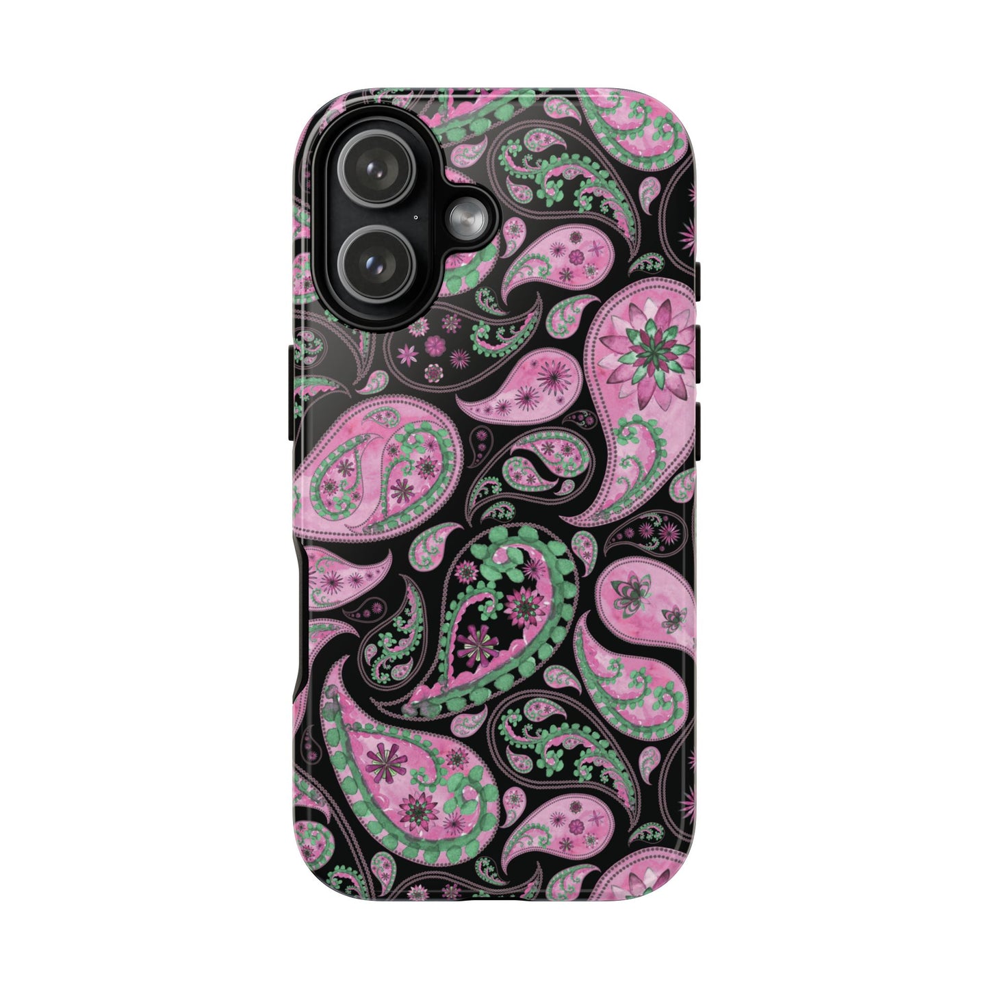 Phone case with pink and green paisley pattern on a black background