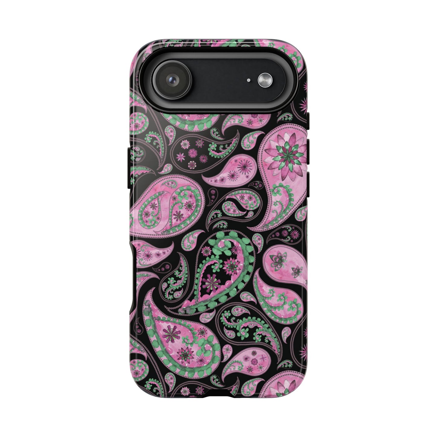 Phone case with pink and green paisley pattern on a black background