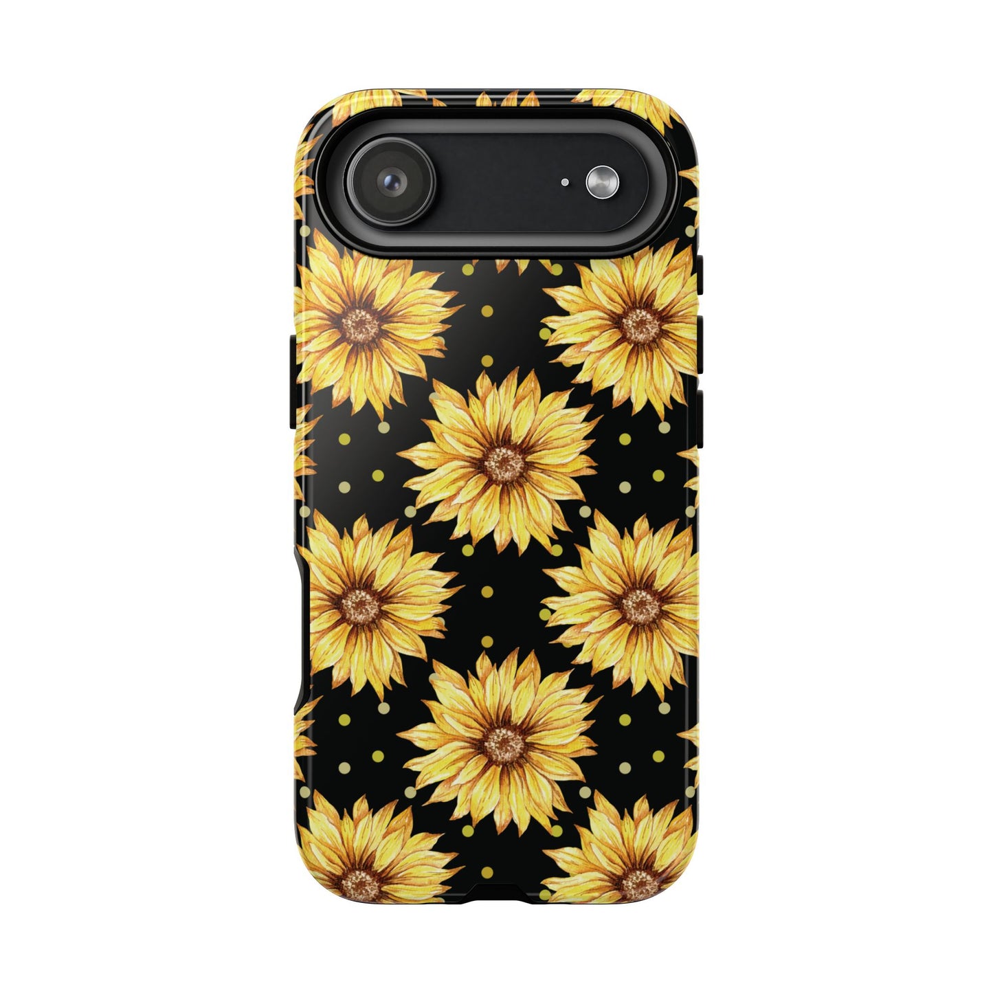 Phone case with yellow sunflower pattern on a black background