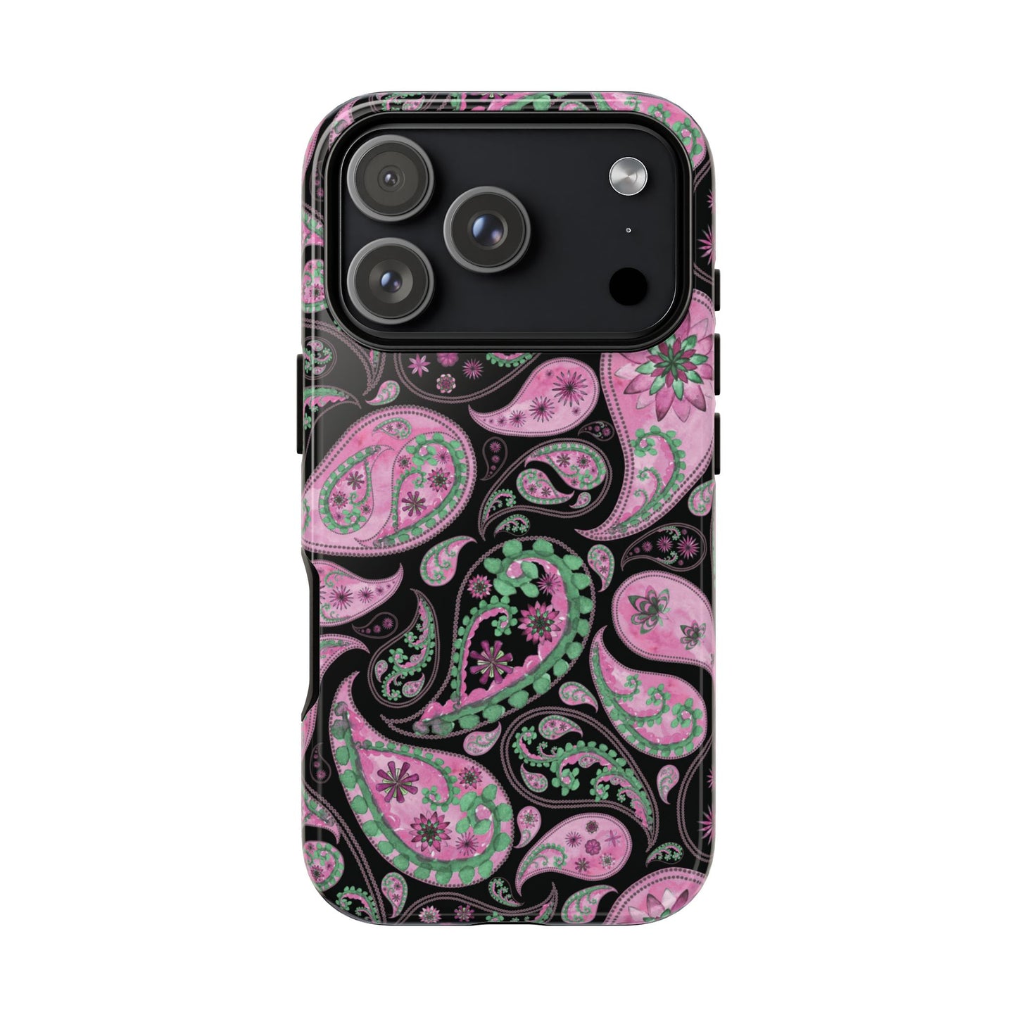 Phone case with pink and green paisley pattern on a black background