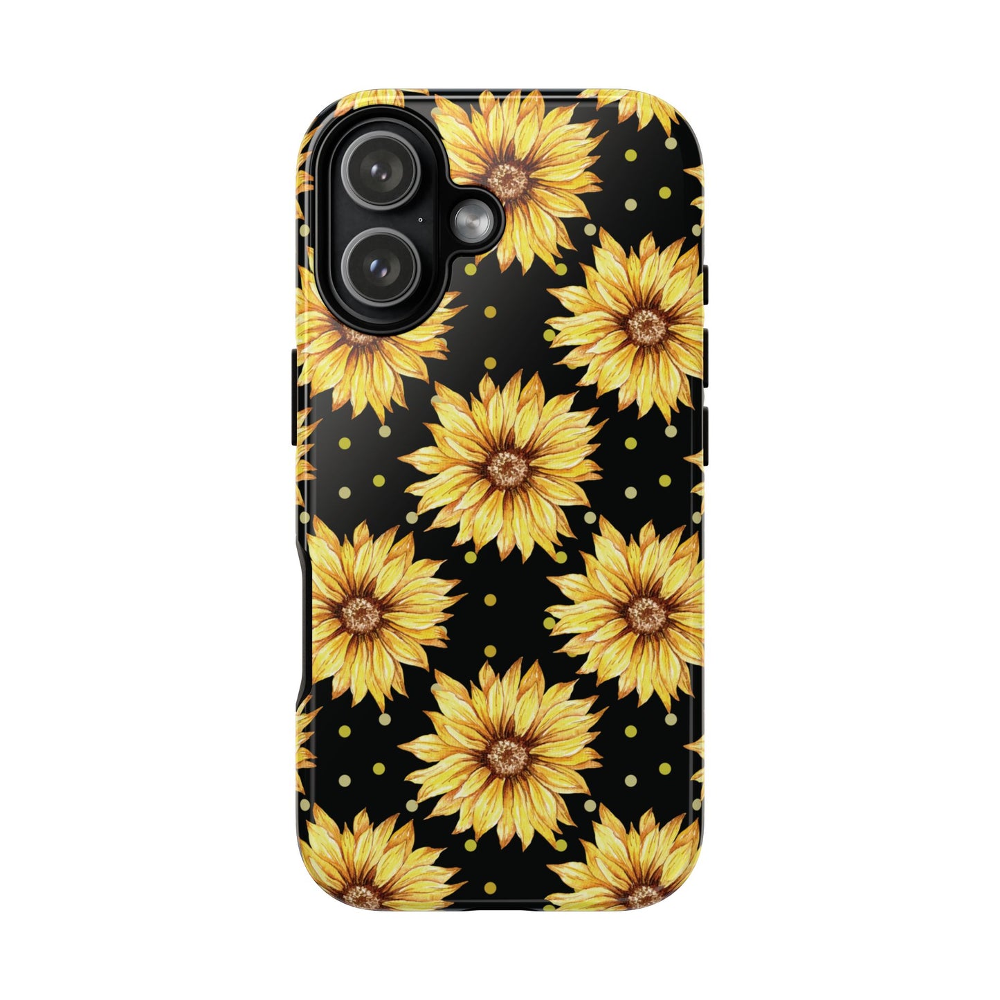 Phone case with yellow sunflower pattern on a black background