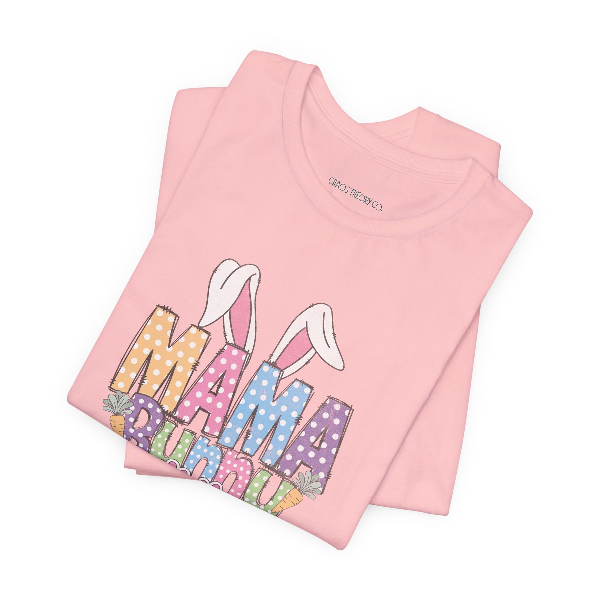 Pink t-shirt with colorful 'Mama Bunny' graphic on a white background