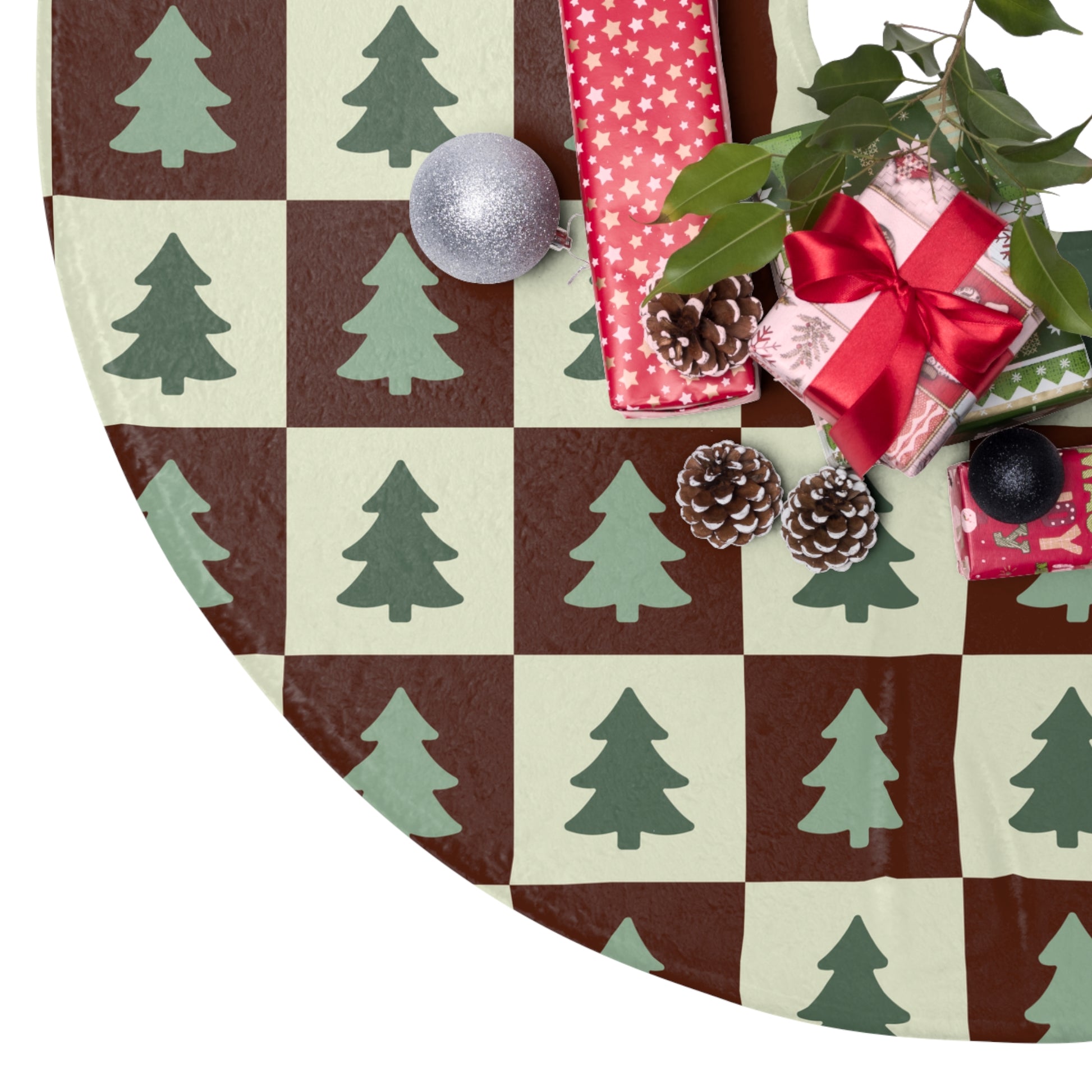 Christmas-themed tree skirt with tree pattern, presents, and ornaments on a white background, merry mint tree skirt, mints, creams and browns