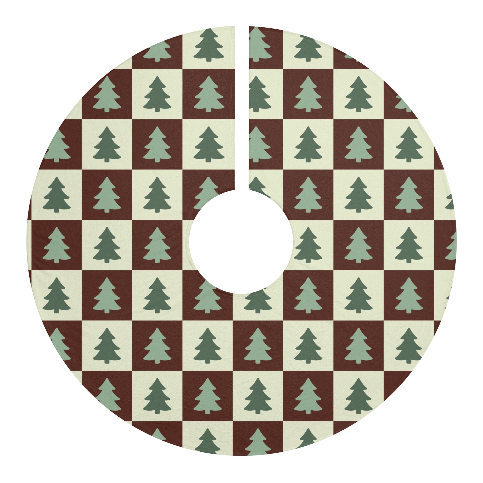 Tree skirt with checkered pattern and green trees on a white background