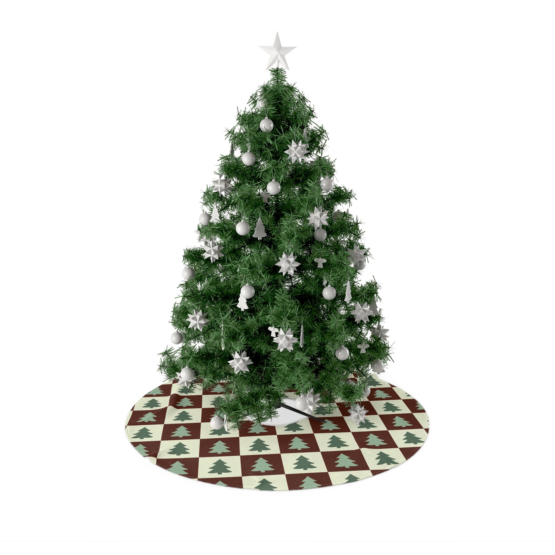 Decorated Christmas tree with a checkered base on a white background, merry mint tree skirt, mints, creams and browns