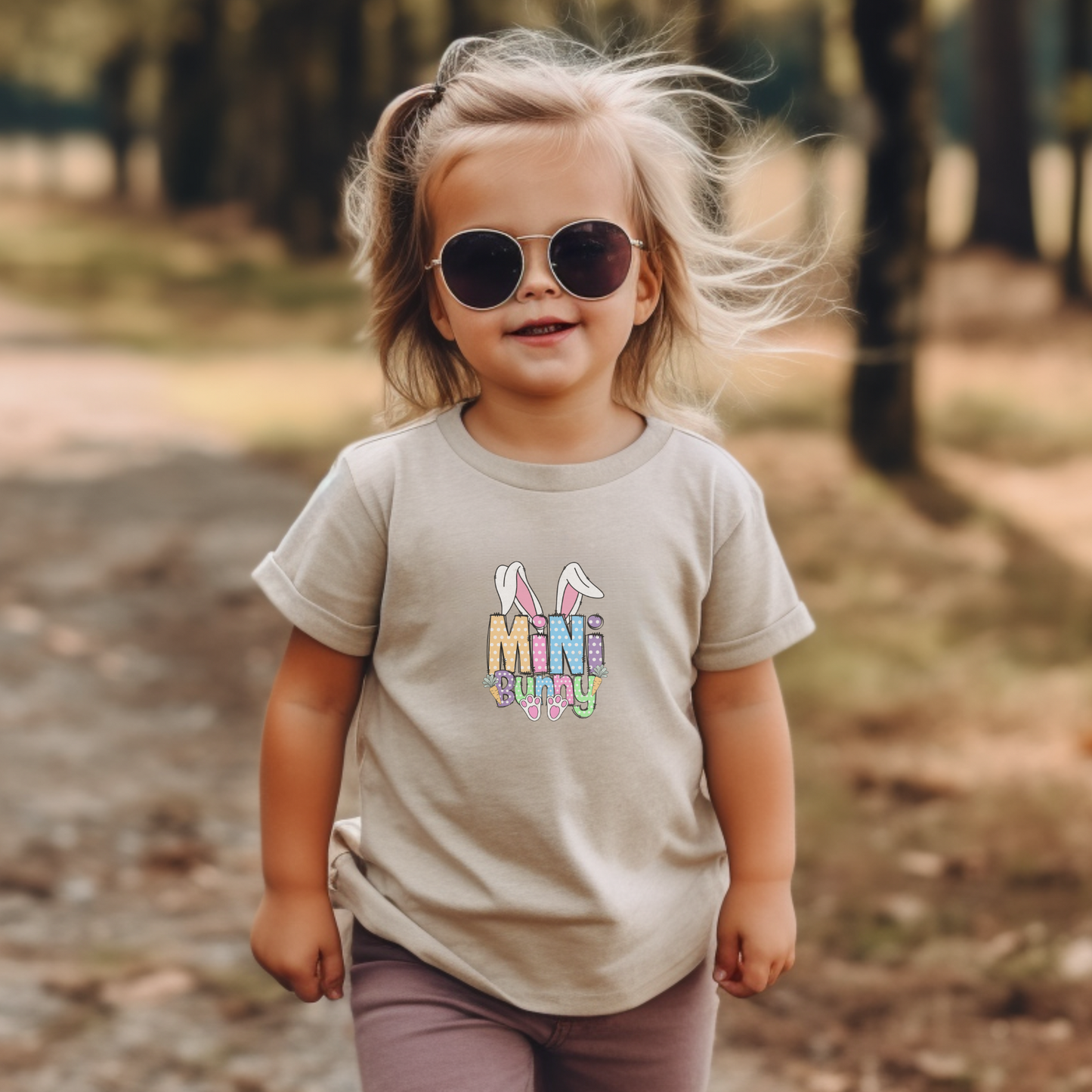 Child wearing sunglasses and a 'Mini Bunny' shirt in a forest setting
