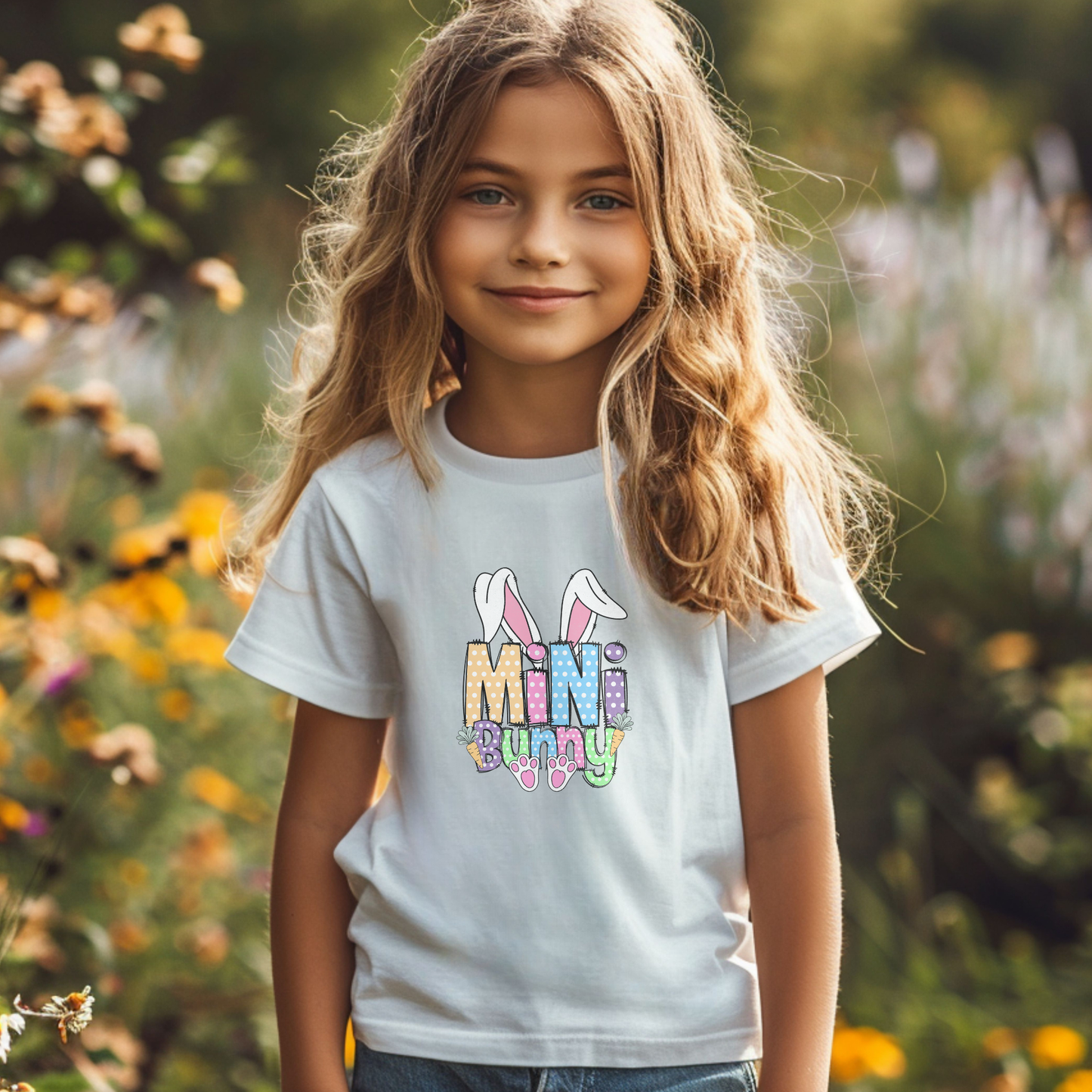 Young girl wearing a 'Mini Bunny' shirt in a garden setting
