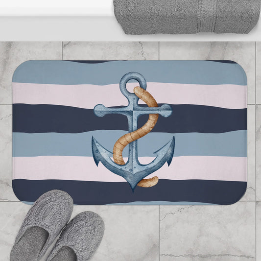 Striped bath mat with anchor design on a marble floor, nautical decor, 34" x 21"