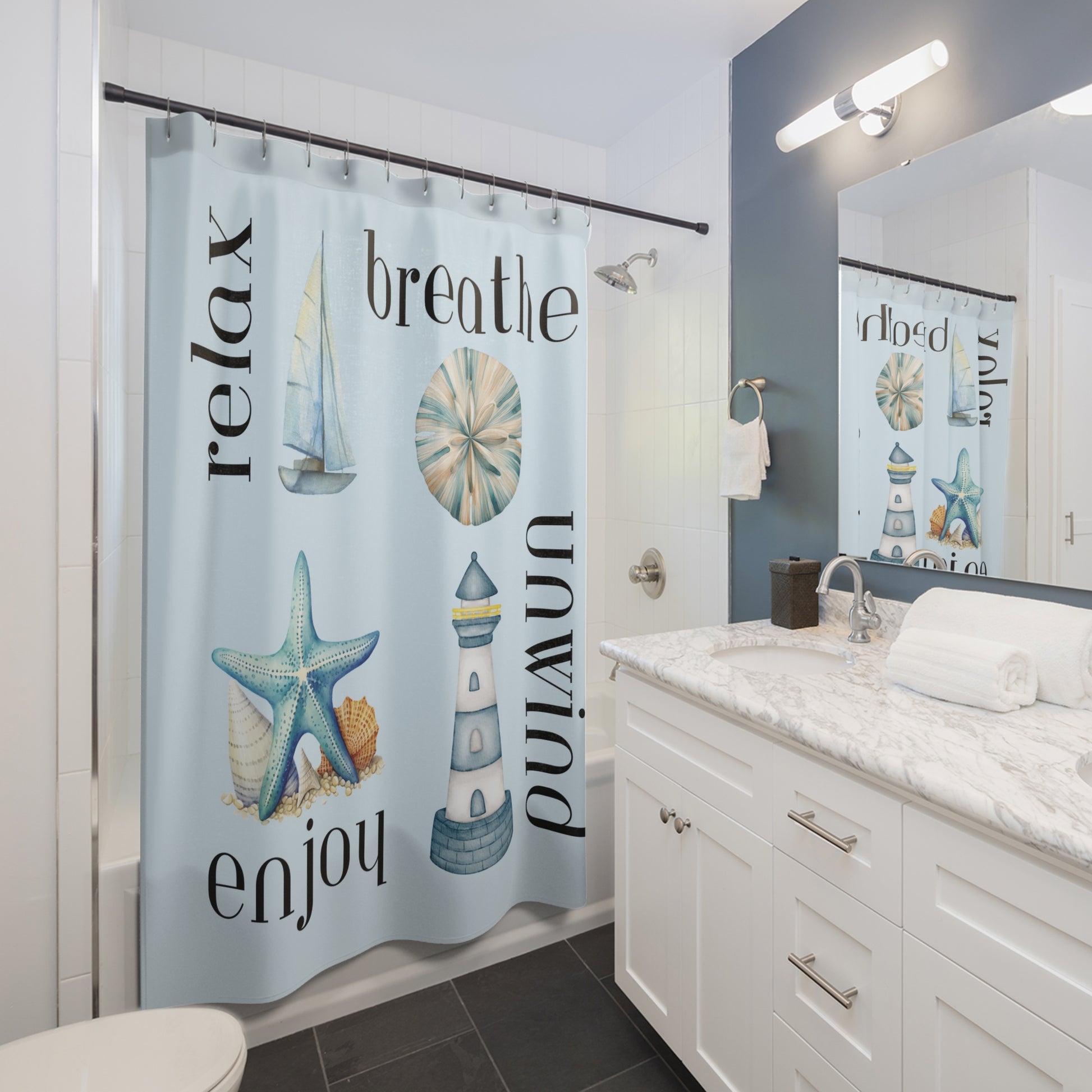 Bathroom with a decorative shower curtain featuring nautical designs and text. relax, breathe, enjoy, unwind