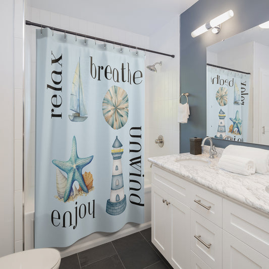 Bathroom with a decorative shower curtain featuring nautical designs and text. relax, breathe, enjoy, unwind