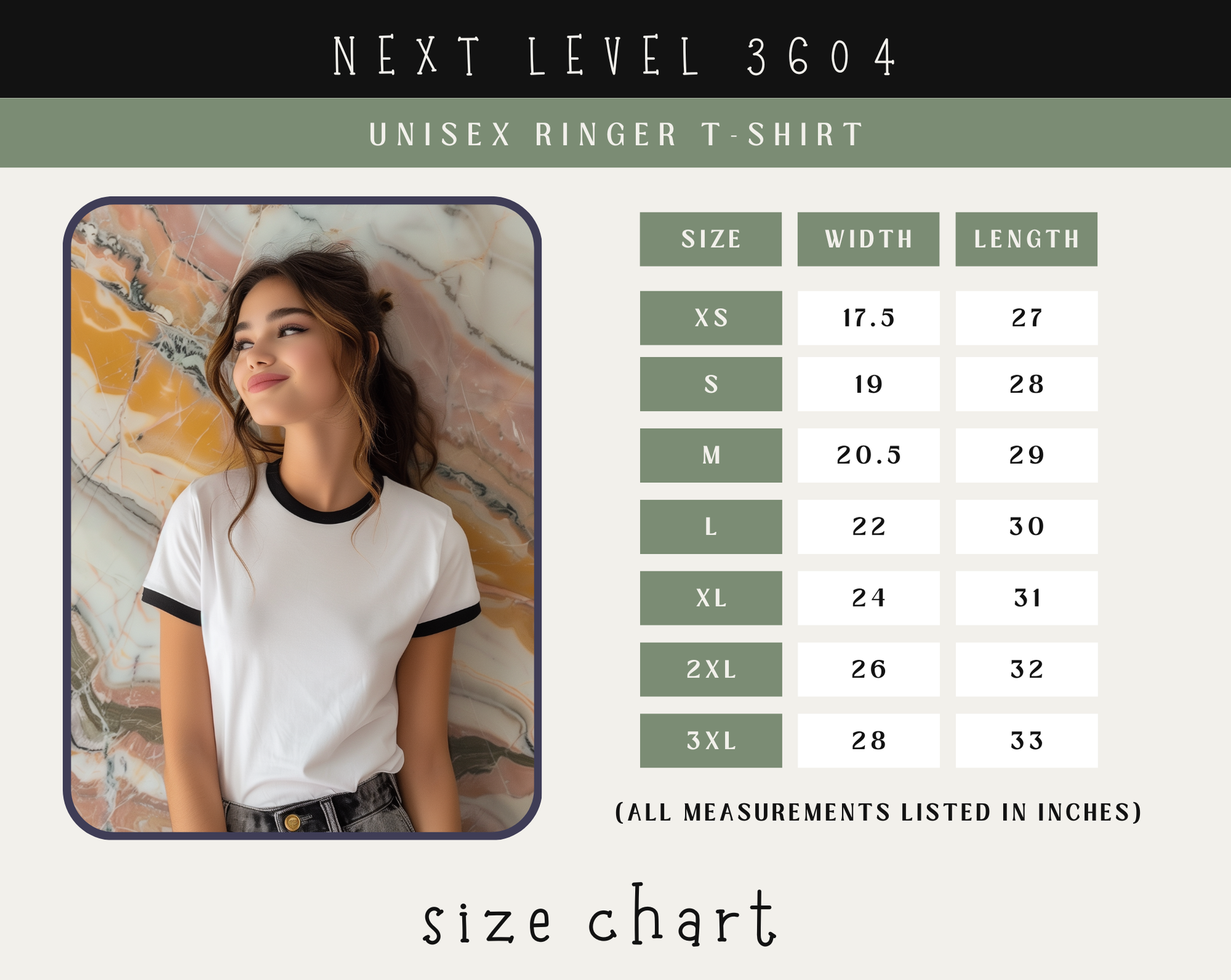 Size chart for a unisex ringer t-shirt with a model wearing the shirt.