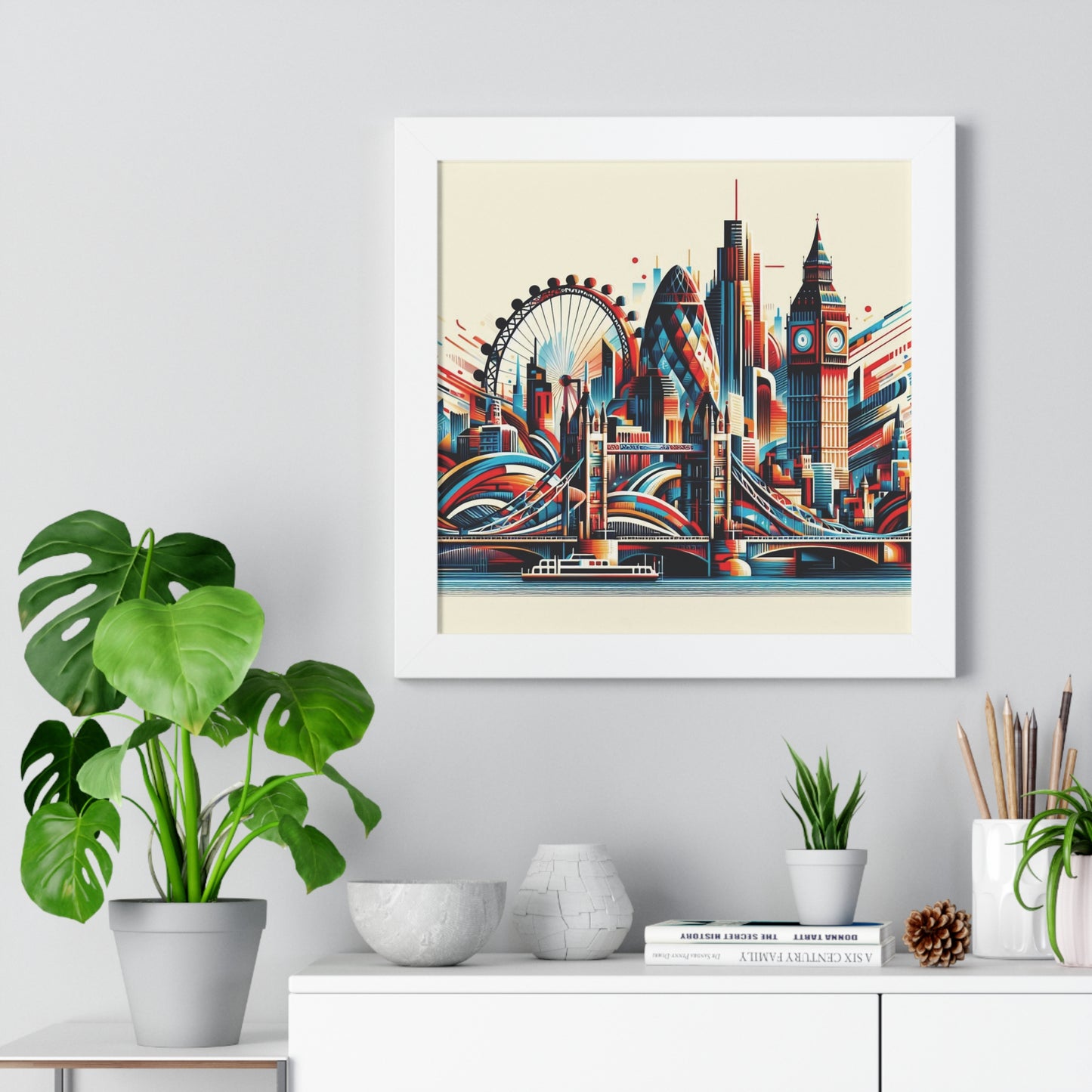 Framed artwork of a colorful cityscape on a wall with plants and decor below. new york city