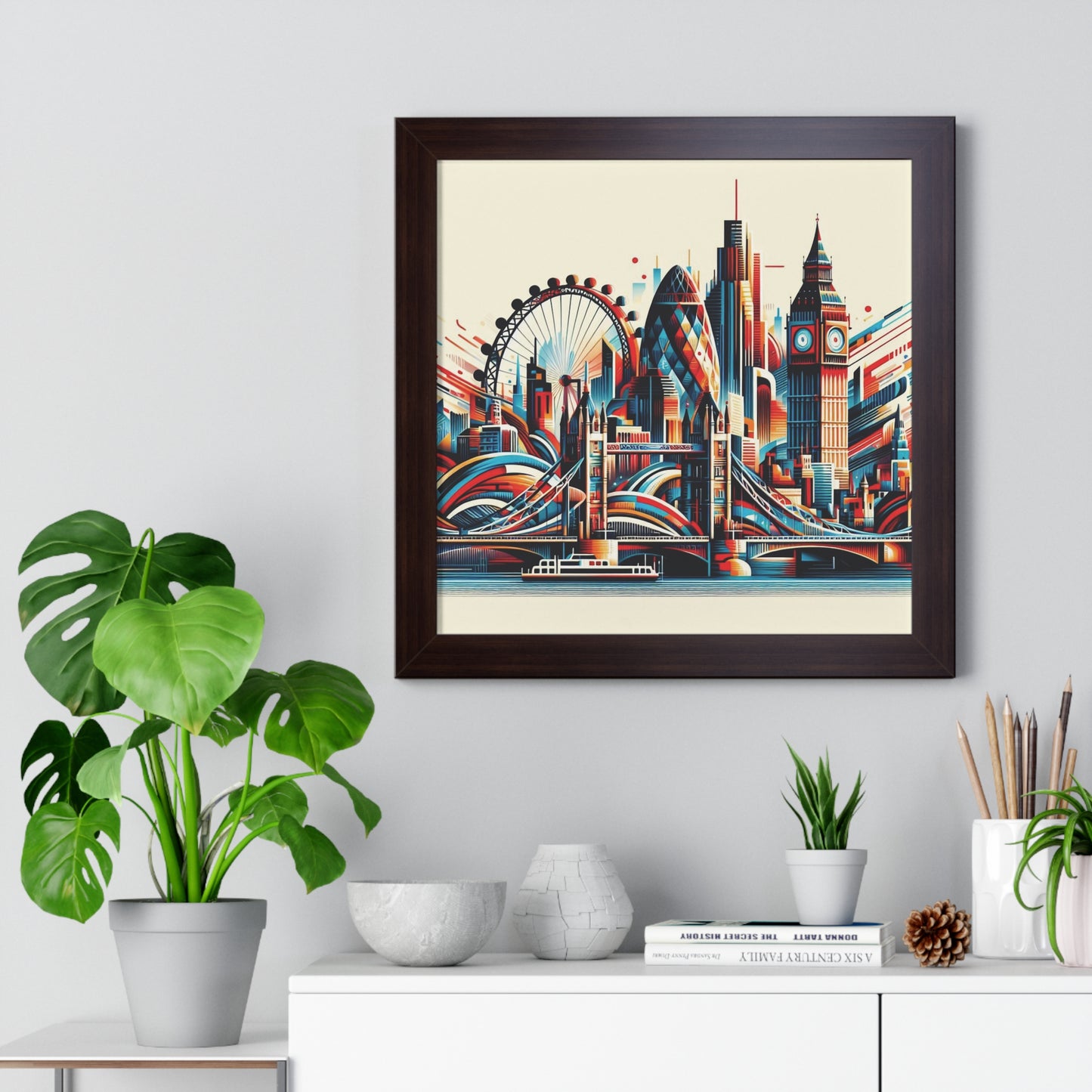 Framed artwork of a stylized cityscape on a wall, new york city