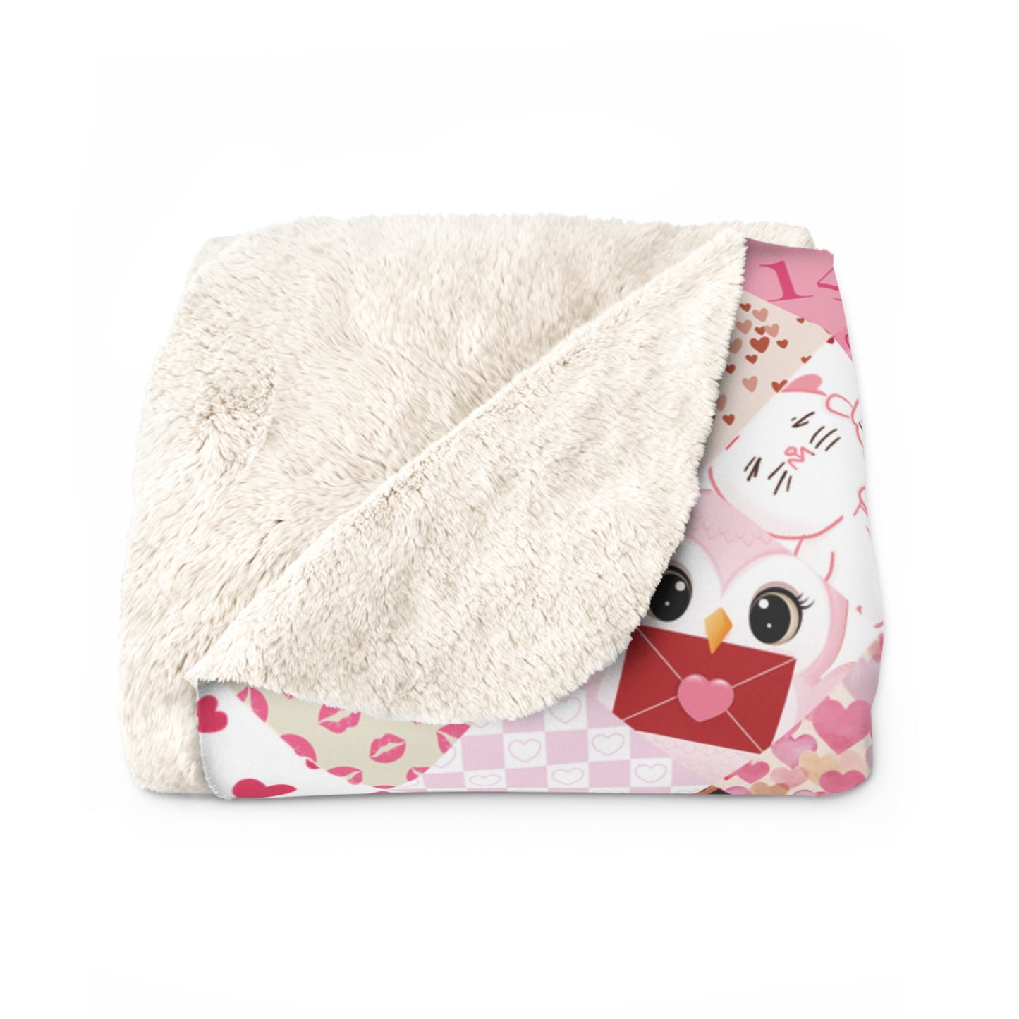 Blanket with owl design and pink heart on a white background