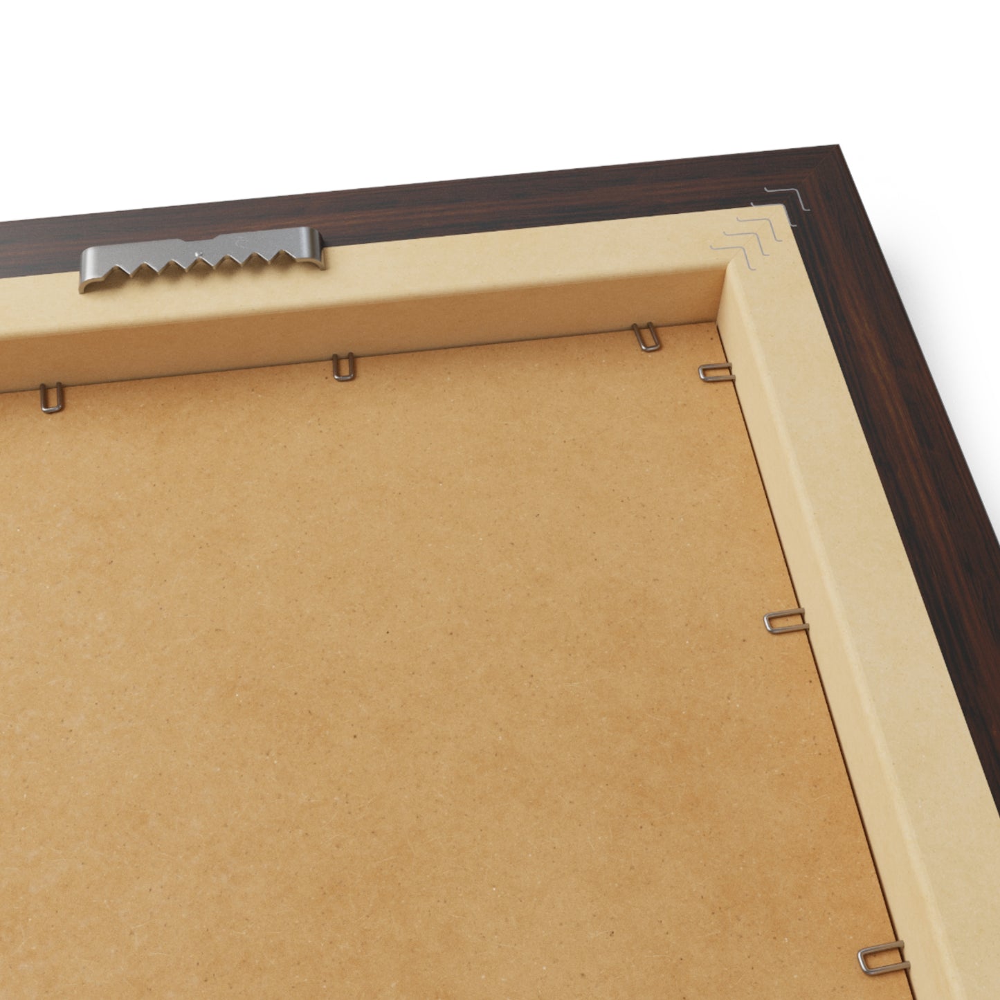 Close-up of a wooden picture frame corner with a beige mat.
